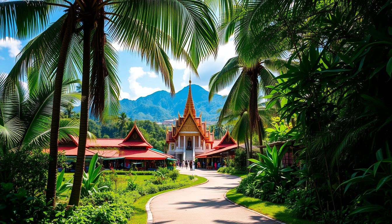 A lush tropical landscape unfolds, showcasing the vibrant hues and diverse wonders of Thailand. In the foreground, a winding path leads through verdant foliage, inviting the viewer to embark on a captivating journey. Towering palm trees sway gently in the breeze, casting soft shadows that play across the scene. A picturesque temple, its intricate golden spires glimmering in the warm sunlight, stands as a prominent focal point, drawing the eye into the depth of the composition. The middle ground features a bustling local market, where vendors offer an array of colorful, artisanal products, reflecting the rich cultural tapestry of the region. In the distance, majestic mountains rise, their jagged peaks hinting at the untamed beauty that awaits beyond the horizon, beckoning the viewer to delve deeper into the heart of Thailand's captivating and diverse landscapes.