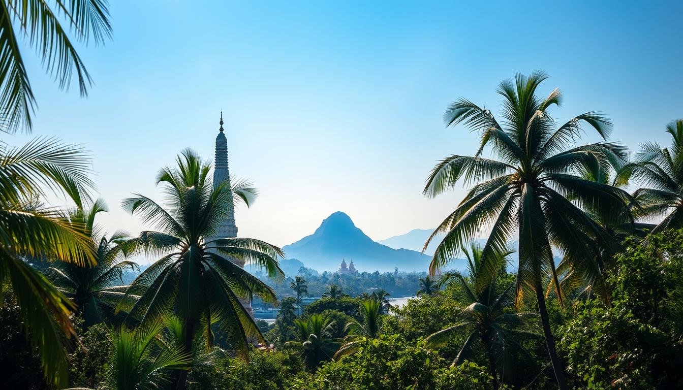 A lush tropical paradise unfolds, showcasing Thailand's most captivating destinations. In the foreground, the iconic spires of Wat Arun, the Temple of Dawn, glisten in the sunlight, its intricate details carved from porcelain. Framing the scene, swaying palm trees sway gently in the breeze, casting dappled shadows across the tranquil Chao Phraya River. In the middle ground, the distinctive silhouette of Doi Suthep, a sacred mountain, rises majestically, its summit crowned by the gilded Wat Phra That Doi Suthep. The background fades into a hazy blue horizon, punctuated by the distant, majestic peaks of the Himalayas. The atmosphere is one of serenity and timeless elegance, inviting the viewer to explore the rich cultural heritage and natural wonders of Thailand. A lush tropical paradise unfolds, showcasing Thailand's most captivating destinations. In the foreground, the iconic spires of Wat Arun, the Temple of Dawn, glisten in the sunlight, its intricate details carved from porcelain. Framing the scene, swaying palm trees sway gently in the breeze, casting dappled shadows across the tranquil Chao Phraya River. In the middle ground, the distinctive silhouette of Doi Suthep, a sacred mountain, rises majestically, its summit crowned by the gilded Wat Phra That Doi Suthep. The background fades into a hazy blue horizon, punctuated by the distant, majestic peaks of the Himalayas. The atmosphere is one of serenity and timeless elegance, inviting the viewer to explore the rich cultural heritage and natural wonders of Thailand.