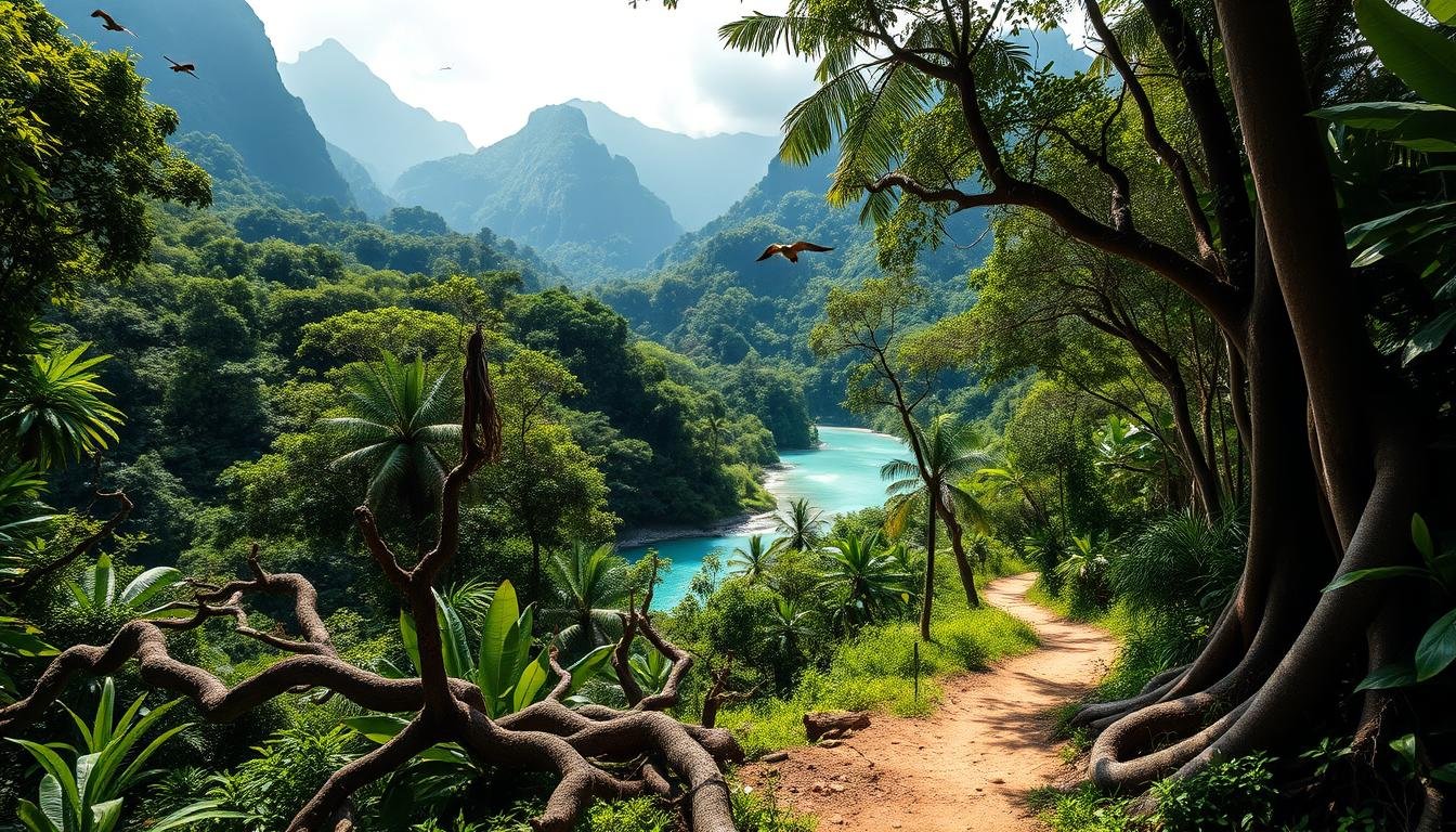 A lush, verdant island paradise with towering, jungle-clad mountains in the background. In the foreground, a winding trail leads through a dense tropical forest, dappled with sunlight filtering through the thick canopy. Massive, twisted tree roots and vibrant undergrowth line the path, hinting at the wild and untamed nature of the landscape. A crystal-clear, turquoise river snakes through the center of the scene, its gentle currents reflecting the surrounding flora. Exotic birds and wildlife dart among the branches, adding to the sense of untamed wilderness. The overall mood is one of serene, unspoiled natural beauty, inviting the viewer to embark on an immersive adventure through this enchanting island ecosystem.