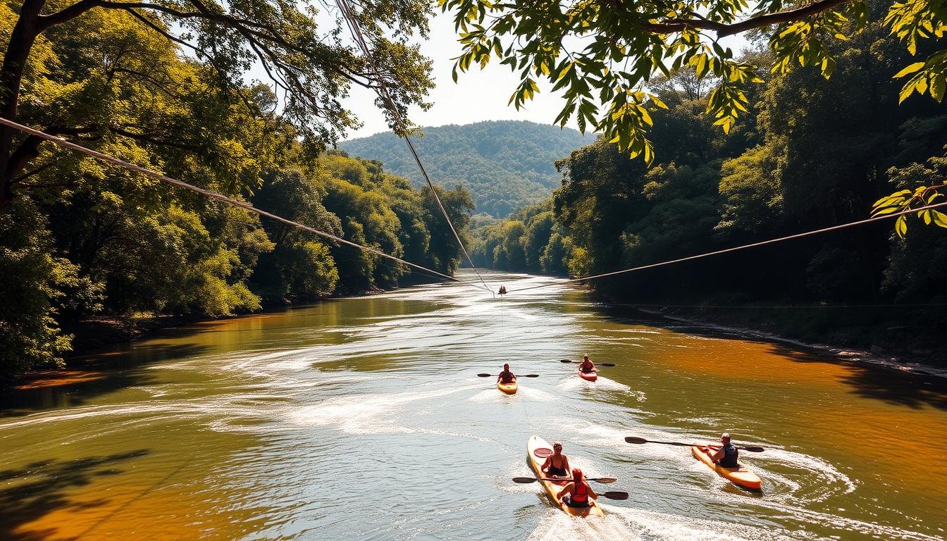 A lush, verdant jungle canopy casts dappled sunlight upon a serene, crystal-clear river below. In the foreground, adventurers navigate a network of ziplines, suspended high above the rushing waters. Kayaks and paddle boards dot the river's surface, their occupants immersed in the thrill of navigating the gentle rapids. Distant tree-covered hills rise up, creating a picturesque backdrop to this outdoor oasis. Warm, golden tones bathe the scene, evoking a sense of tranquility and unbridled exploration. The overall atmosphere is one of excitement, discovery, and a deep connection to the natural world. A lush, verdant jungle canopy casts dappled sunlight upon a serene, crystal-clear river below. In the foreground, adventurers navigate a network of ziplines, suspended high above the rushing waters. Kayaks and paddle boards dot the river's surface, their occupants immersed in the thrill of navigating the gentle rapids. Distant tree-covered hills rise up, creating a picturesque backdrop to this outdoor oasis. Warm, golden tones bathe the scene, evoking a sense of tranquility and unbridled exploration. The overall atmosphere is one of excitement, discovery, and a deep connection to the natural world.