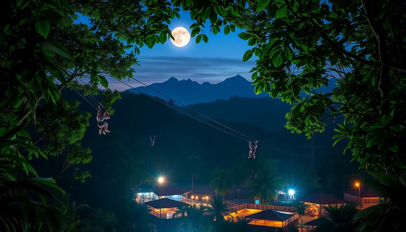 A lush, verdant jungle canopy sets the stage for an exhilarating adventure. In the foreground, a zip-line course weaves through the treetops, offering thrill-seekers an adrenaline-fueled journey high above the forest floor. Beneath the canopy, a captivating night-time animal sanctuary comes to life, with exotic creatures roaming their enclosures under the warm glow of moonlight and strategically placed lighting. The middle ground is a mosaic of shadows and highlights, creating an atmosphere of mystery and excitement. In the background, towering mountains loom, their silhouettes casting a sense of scale and grandeur upon the scene. The overall mood is one of discovery and exploration, inviting the viewer to join in the unforgettable escapade.