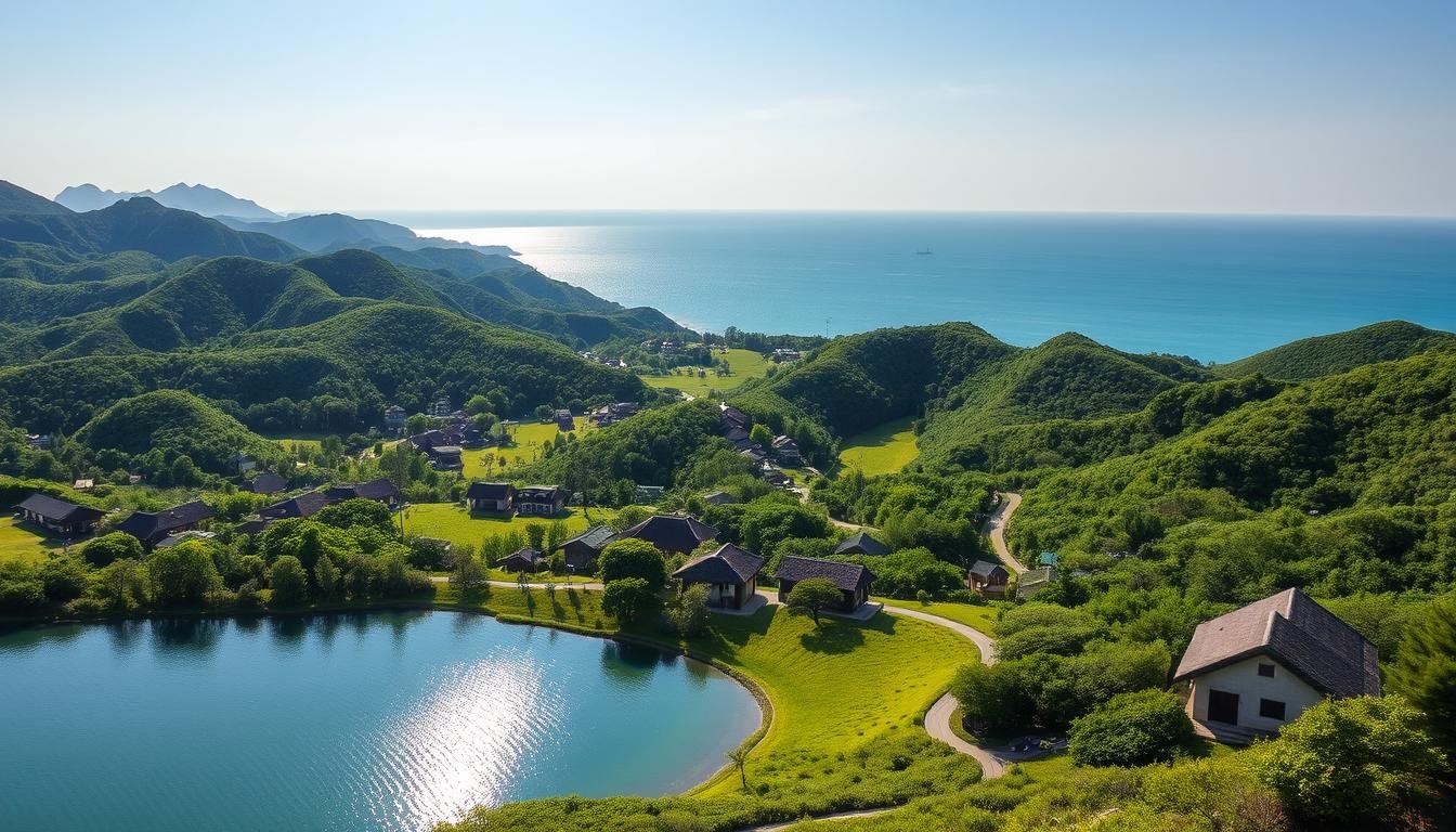 A lush, verdant landscape with rolling hills and towering volcanic peaks, under a bright, sunlit sky. In the foreground, a tranquil lake reflects the surrounding scenery, its surface rippling gently. Scattered throughout the middle ground are traditional Korean thatched-roof houses, interspersed with vibrant green forests and meandering walking paths. In the distance, the shimmering turquoise waters of the East China Sea meet the horizon, with a few small boats dotting the calm surface. The scene exudes a serene, peaceful atmosphere, inviting the viewer to explore the natural wonders and cultural charm of Jeju Island, a renowned destination in South Korea.
