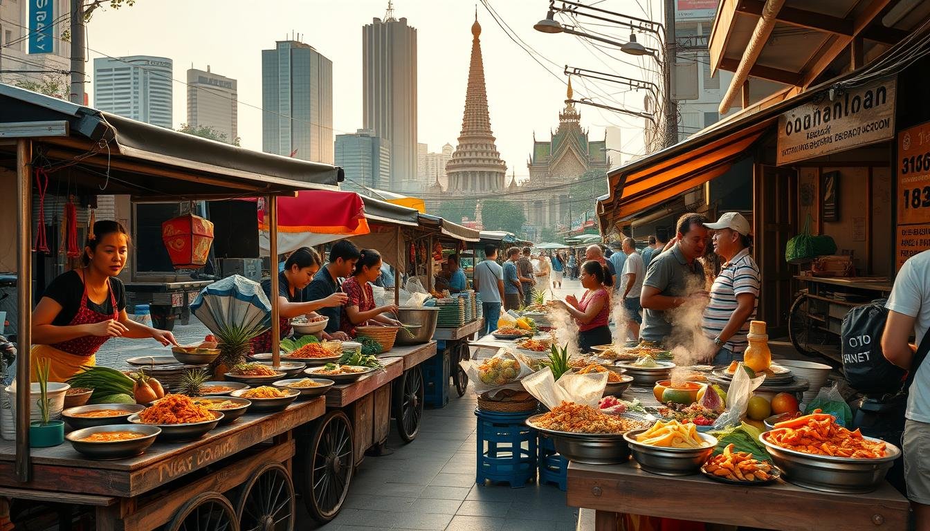 A lush, vibrant scene of authentic Thai street food on a bustling Bangkok sidewalk. An array of colorful dishes - spicy curries, sizzling stir-fries, fragrant noodles, and tropical fruits - are artfully displayed on rustic wooden carts and tables. Vendors in traditional garb skillfully prepare the tantalizing fare as customers eagerly await their orders. The scene is bathed in warm, golden sunlight, highlighting the textures and aromas. In the background, towering skyscrapers and ancient temples create a captivating contrast. The overall atmosphere evokes the perfect balance of tradition and modernity that defines the Thai culinary experience.