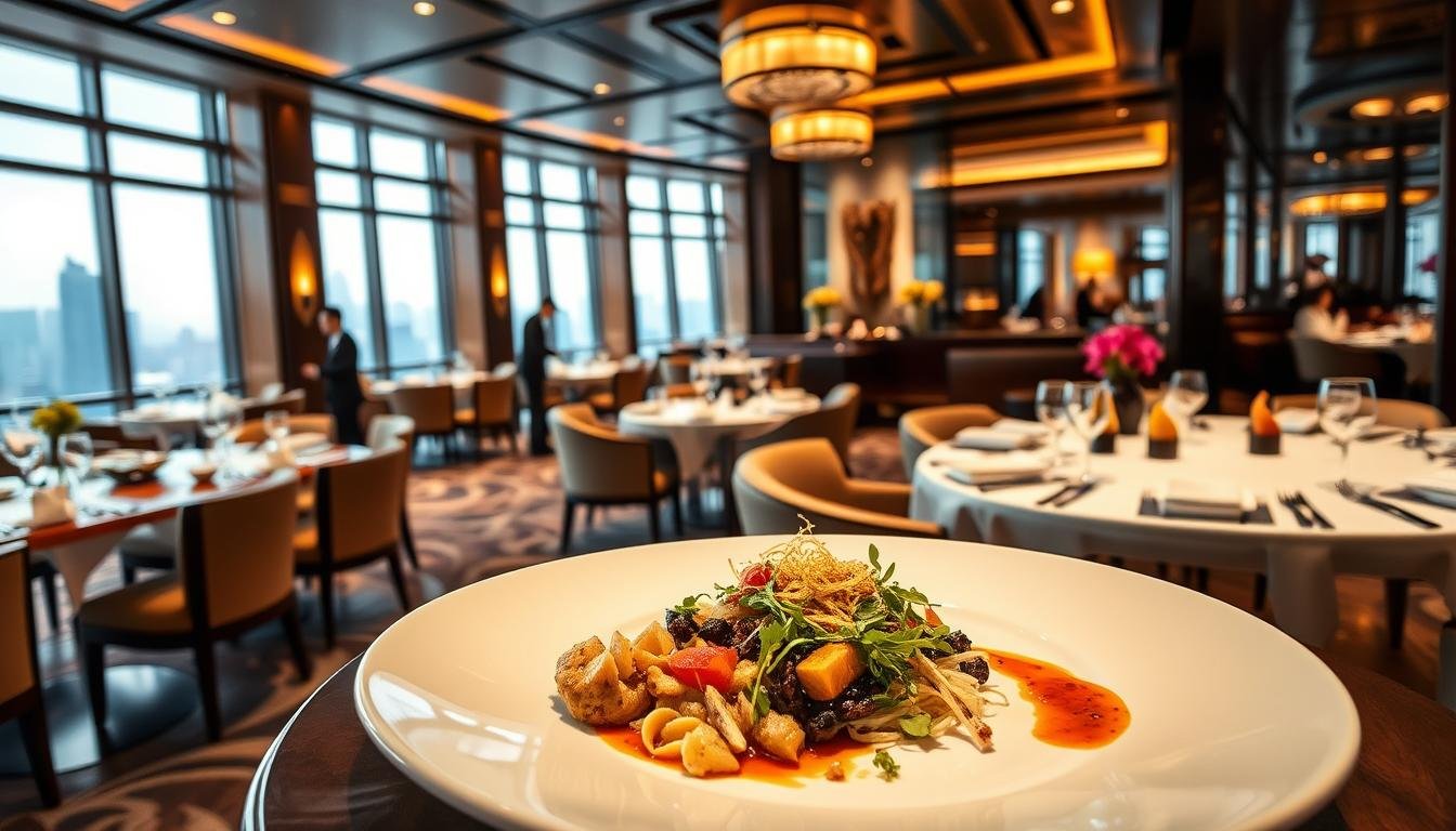 A luxurious Hong Kong restaurant interior, showcasing its signature dishes and unique selling points. In the foreground, a beautifully plated gourmet meal with intricate garnishes and vibrant colors, lit by soft, warm lighting. The middle ground features elegant table settings and sophisticated decor, such as polished wood surfaces, fine china, and tasteful floral arrangements. In the background, a panoramic view of the restaurant's sophisticated ambiance, with high ceilings, large windows offering city skyline vistas, and discreet staff attending to diners. The overall atmosphere conveys a sense of refined opulence and exceptional culinary experience.