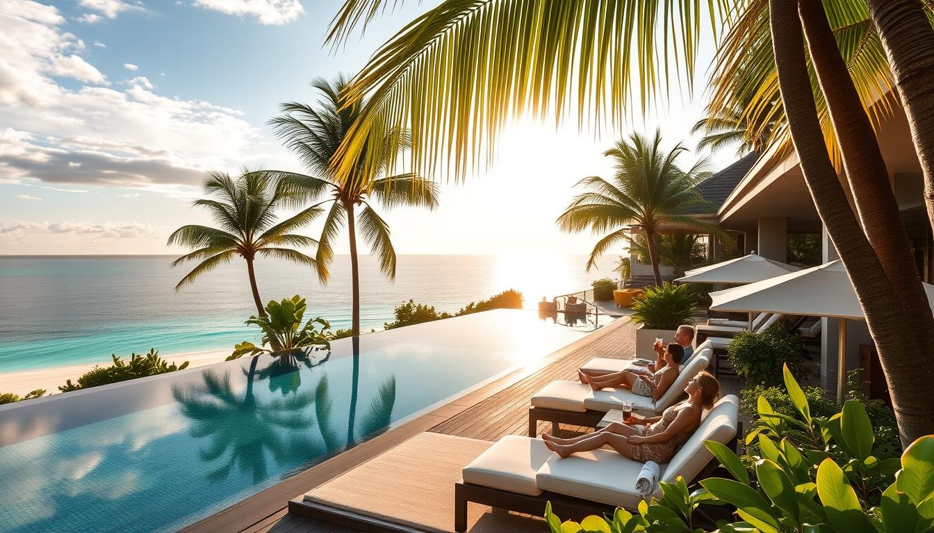 A luxurious Thai resort nestled amidst lush tropical foliage, with a stunning infinity pool overlooking a breathtaking panorama of pristine beaches and the turquoise Andaman Sea. Sunlight filters through swaying palm fronds, casting warm, golden hues across the elegant, contemporary architecture. Guests lounge on plush cabanas, sipping refreshing cocktails, as gentle breezes caress their skin. The serene ambiance exudes an atmosphere of refined sophistication and tranquil exclusivity, providing the ultimate indulgence in tropical paradise.