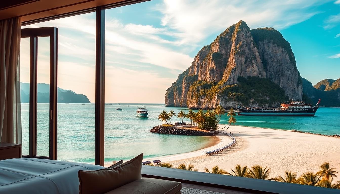 A luxurious Thai travel itinerary unfolding against a serene backdrop. In the foreground, a well-appointed hotel suite with plush furnishings, floor-to-ceiling windows offering panoramic views of a tropical landscape. The middle ground showcases a serene beach, with turquoise waters lapping at powdery white sands, palm trees swaying gently in a warm breeze. In the distance, towering limestone cliffs rise majestically, their rugged silhouettes bathed in golden hour light. The overall mood is one of understated sophistication, where the pleasures of a high-end Thai vacation are balanced with a sense of tranquility and connection to the natural world. A luxurious Thai travel itinerary unfolding against a serene backdrop. In the foreground, a well-appointed hotel suite with plush furnishings, floor-to-ceiling windows offering panoramic views of a tropical landscape. The middle ground showcases a serene beach, with turquoise waters lapping at powdery white sands, palm trees swaying gently in a warm breeze. In the distance, towering limestone cliffs rise majestically, their rugged silhouettes bathed in golden hour light. The overall mood is one of understated sophistication, where the pleasures of a high-end Thai vacation are balanced with a sense of tranquility and connection to the natural world.