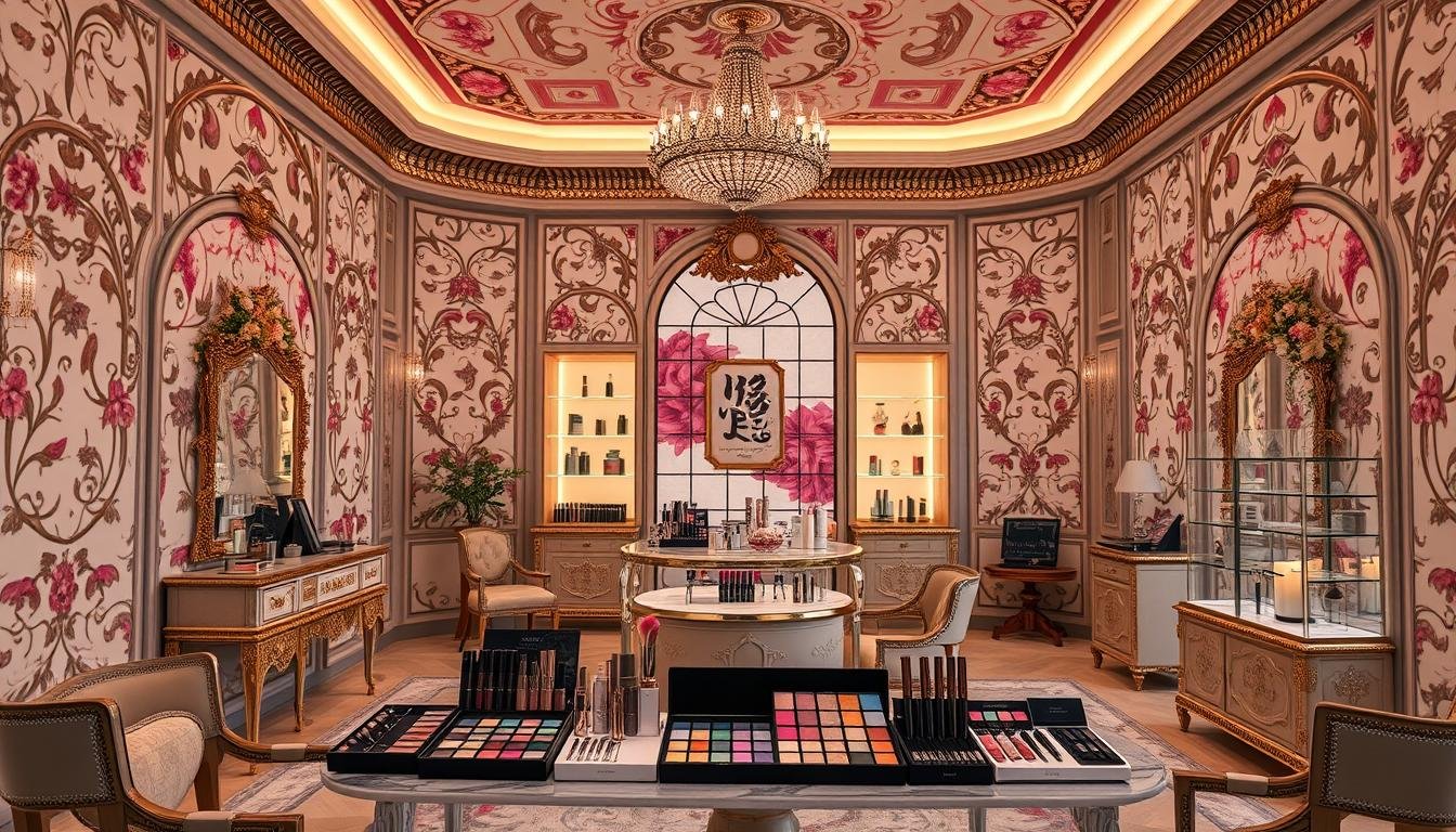 A luxurious and opulent Korean beauty brand's art makeup studio, Muzigae Mansion, with intricate floral patterns adorning the interior walls. Soft, warm lighting bathes the ornate furnishings and display shelves showcasing the brand's artistic cosmetic products. In the foreground, a carefully curated still life arrangement features the latest makeup collection, its vibrant colors and textures inviting closer inspection. The overall atmosphere conveys a sense of refined elegance, reflecting the brand's dedication to innovative and visually captivating beauty products. A luxurious and opulent Korean beauty brand's art makeup studio, Muzigae Mansion, with intricate floral patterns adorning the interior walls. Soft, warm lighting bathes the ornate furnishings and display shelves showcasing the brand's artistic cosmetic products. In the foreground, a carefully curated still life arrangement features the latest makeup collection, its vibrant colors and textures inviting closer inspection. The overall atmosphere conveys a sense of refined elegance, reflecting the brand's dedication to innovative and visually captivating beauty products.
