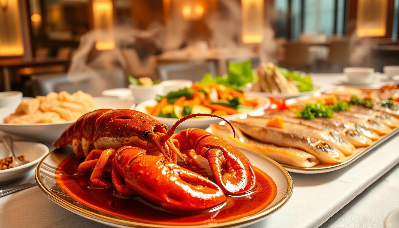 A luxurious banquet table with an exquisite array of Cantonese seafood dishes. In the foreground, a steaming plate of freshly caught lobster, its tender meat glistening in a rich, savory sauce. Beside it, a delicate arrangement of delicate steamed fish fillets, their flaky texture complemented by a subtle blend of aromatic spices. In the middle ground, a vibrant display of sautéed seasonal vegetables, their vibrant colors and crunchy textures adding a balanced contrast. The background is softly lit, creating a warm, inviting ambiance that evokes the sophisticated elegance of a premier Hong Kong restaurant. The overall scene conveys the creativity, quality, and dedication that define the city's top-tier seafood dining experiences.