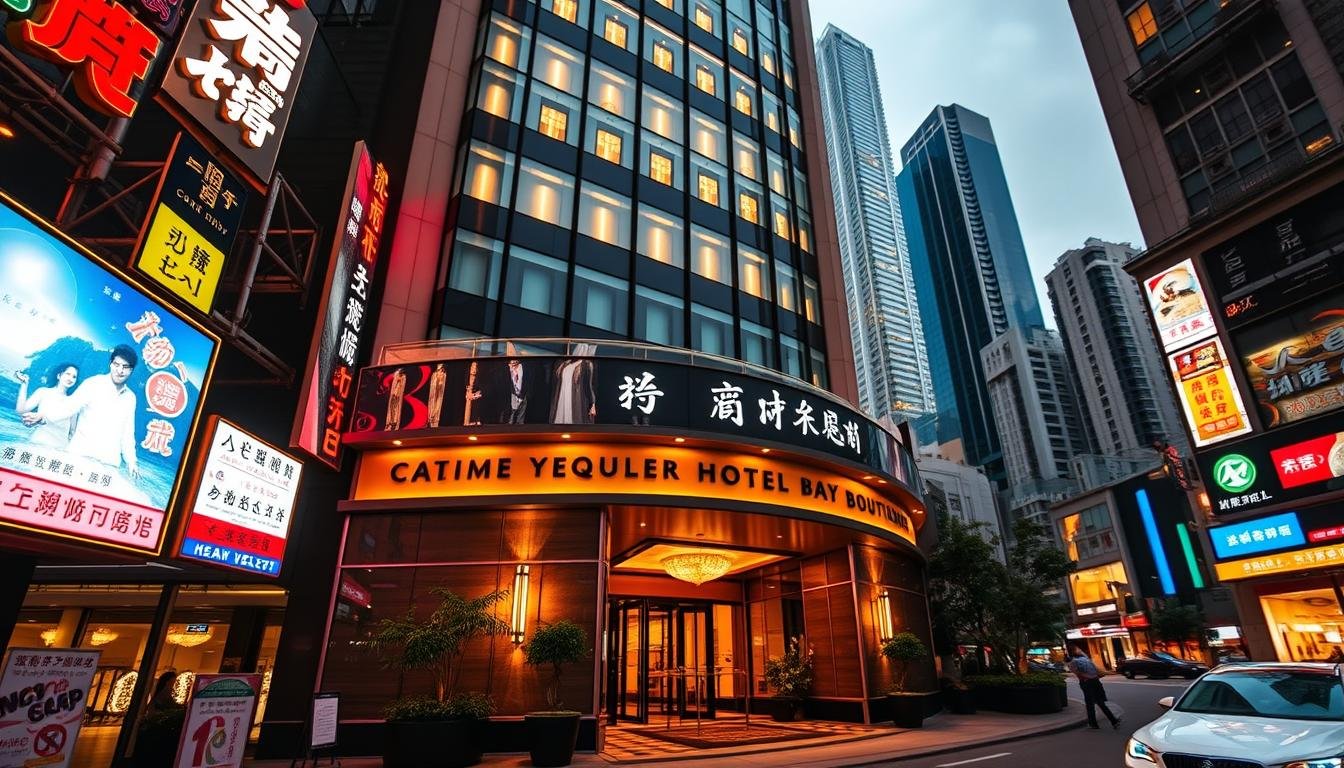 A luxurious boutique hotel in the vibrant Causeway Bay and Wan Chai districts, showcasing its chic and modern facade. The hotel's exterior is bathed in warm, golden lighting, creating a welcoming ambiance. The foreground features neon signs and billboards characteristic of the bustling Hong Kong cityscape, while the middle ground captures the hotel's elegant entrance and lobby. In the background, the iconic skyscrapers and high-rise buildings of the commercial districts loom, conveying a sense of urban sophistication. The scene is captured through a wide-angle lens, emphasizing the hotel's prominent placement within the dynamic, fast-paced environment of these vibrant neighborhoods.