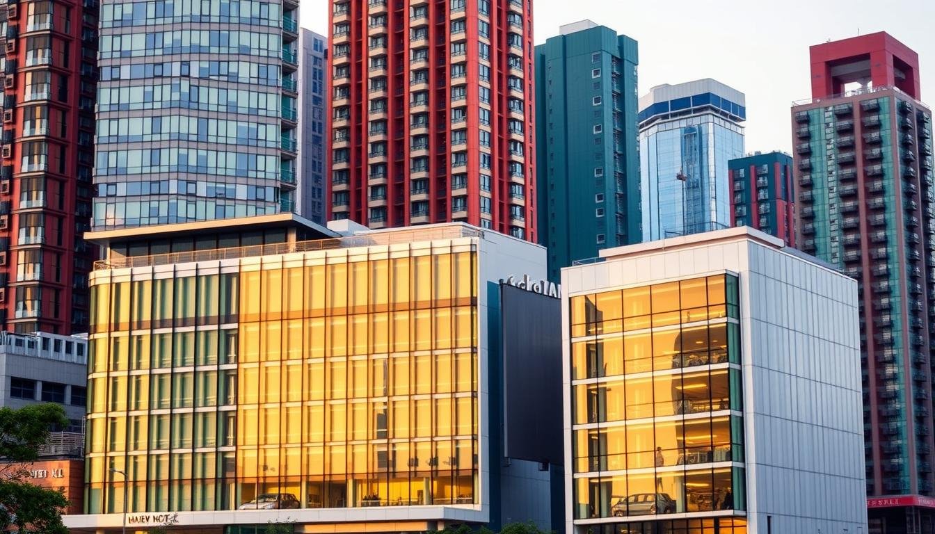 A luxurious boutique hotel with a chic modern facade nestled among the vibrant high-rises of Hong Kong. In the foreground, a mid-range business hotel with sleek glass walls and a minimalist design. In the background, a budget-friendly hostel with a cozy, youthful atmosphere. The scene is bathed in warm, golden late afternoon light, casting gentle shadows and highlighting the unique architectural styles. The composition showcases the diverse range of accommodations available in Hong Kong, catering to travelers of all budgets. A luxurious boutique hotel with a chic modern facade nestled among the vibrant high-rises of Hong Kong. In the foreground, a mid-range business hotel with sleek glass walls and a minimalist design. In the background, a budget-friendly hostel with a cozy, youthful atmosphere. The scene is bathed in warm, golden late afternoon light, casting gentle shadows and highlighting the unique architectural styles. The composition showcases the diverse range of accommodations available in Hong Kong, catering to travelers of all budgets.