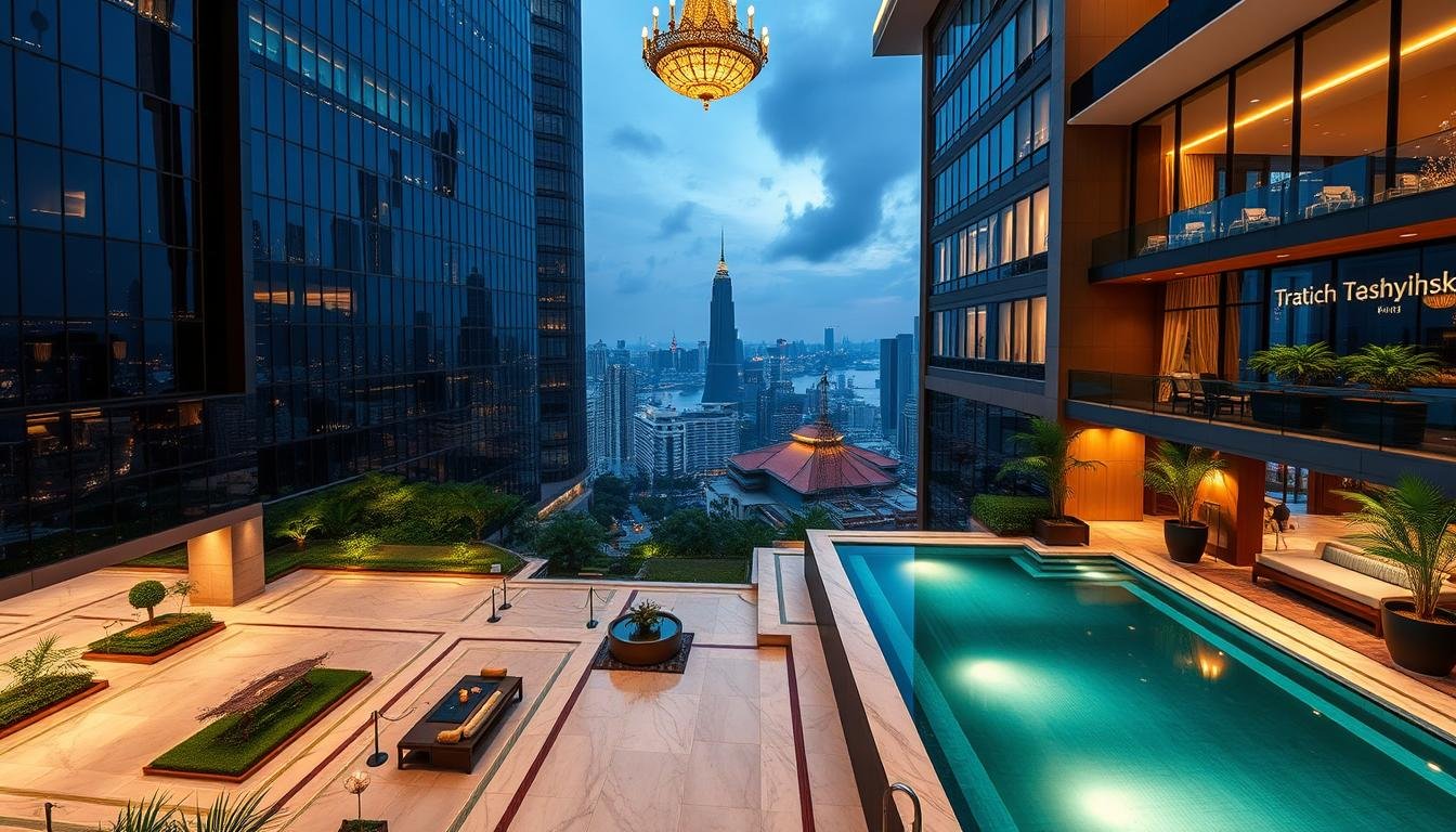 A luxurious, five-star hotel in the heart of Bangkok, Thailand. Towering glass facade reflecting the city skyline, surrounded by lush tropical gardens. Elegant lobby with marble floors, ornate chandeliers, and plush seating areas. Spacious, opulent guest rooms with floor-to-ceiling windows, offering panoramic views of the bustling metropolis. An infinity pool on the rooftop terrace, overlooking the glittering Chao Phraya River. Guests indulge in world-class amenities, exceptional service, and the epitome of Thai hospitality. Soft, warm lighting casts a serene, sophisticated ambiance throughout the property. Captured through a wide-angle lens to emphasize the grandeur and scale of this remarkable Bangkok luxury hotel.