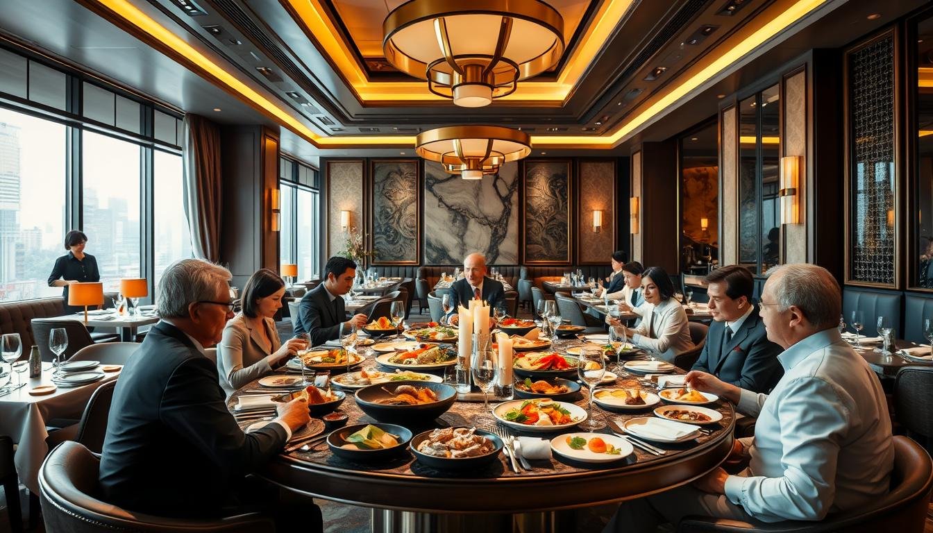 A luxurious high-end restaurant setting featuring a fusion of French, Japanese, and Hong Kong culinary influences. The scene depicts a sophisticated interior with elegant decor, warm lighting, and carefully curated tableware. A large central table is adorned with an assortment of exquisite dishes, showcasing the restaurant's attention to detail and quality. Diners are seated around the table, engaging in lively conversation and savoring the exceptional dining experience. The atmosphere exudes an aura of exclusivity, refinement, and an appreciation for fine dining. The camera angle captures the scene from a slightly elevated perspective, emphasizing the grandeur and allure of this premier Hong Kong dining establishment.