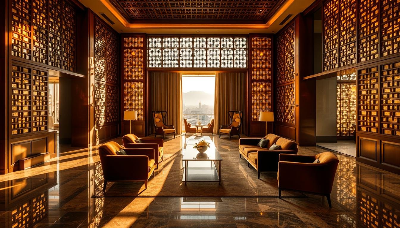 A luxurious hotel lobby in Seoul, South Korea, bathed in warm, golden lighting. Intricate wooden latticework adorns the walls, casting intricate shadow patterns across the polished stone floors. Plush, jewel-toned velvet armchairs and sofas are arranged around a modern, minimalist coffee table, creating an inviting and refined seating area. In the background, a floor-to-ceiling window offers a glimpse of the bustling city outside, framed by elegant, floor-length curtains. The overall atmosphere evokes a sense of understated elegance, blending traditional Korean design elements with a contemporary, high-end aesthetic. A luxurious hotel lobby in Seoul, South Korea, bathed in warm, golden lighting. Intricate wooden latticework adorns the walls, casting intricate shadow patterns across the polished stone floors. Plush, jewel-toned velvet armchairs and sofas are arranged around a modern, minimalist coffee table, creating an inviting and refined seating area. In the background, a floor-to-ceiling window offers a glimpse of the bustling city outside, framed by elegant, floor-length curtains. The overall atmosphere evokes a sense of understated elegance, blending traditional Korean design elements with a contemporary, high-end aesthetic.