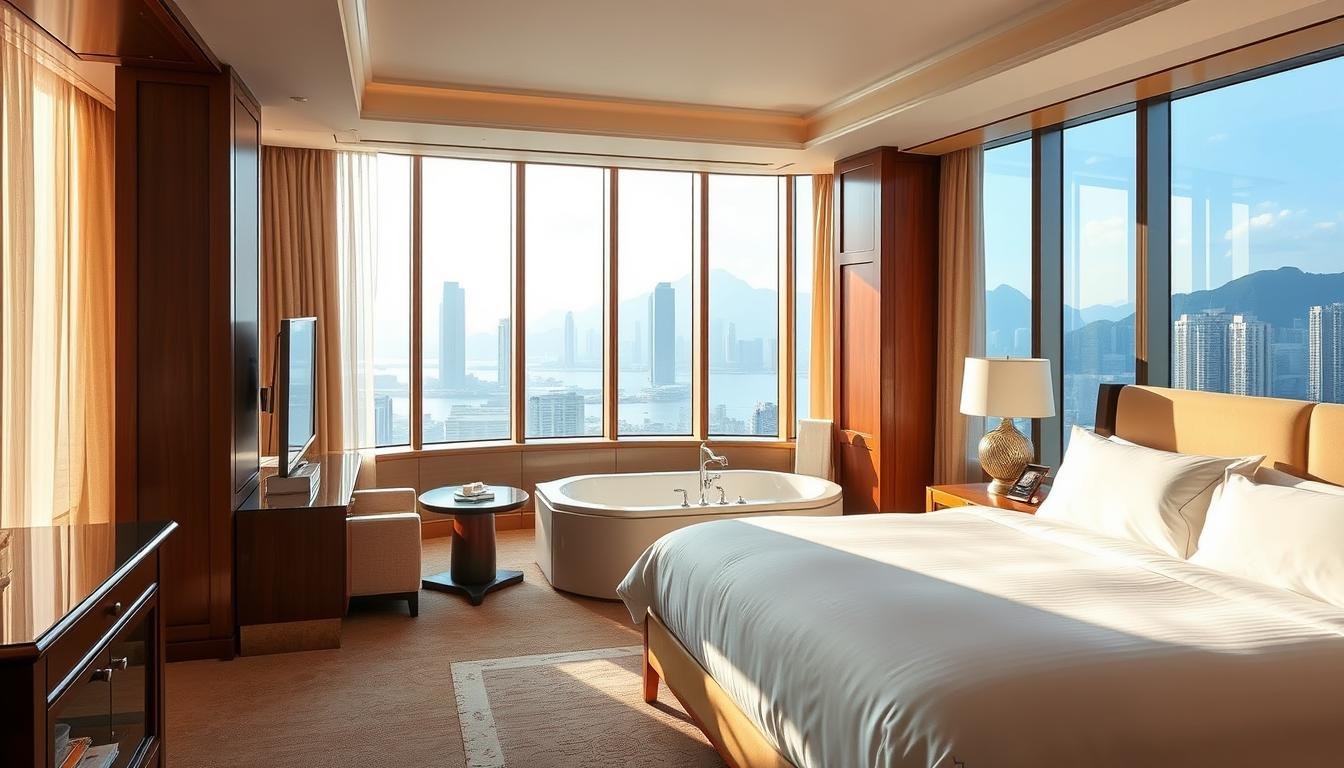 A luxurious hotel room in Hong Kong's Four Seasons, bathed in warm, natural light filtering through large windows. Plush king-size bed with crisp white linens, complemented by elegant wooden furnishings and a cozy seating area. A spacious bathroom features a deep soaking tub, premium toiletries, and a rain shower. The room offers stunning views of the city skyline and Victoria Harbour in the distance. Soft mood lighting sets a tranquil ambiance, inviting guests to unwind and experience the epitome of sophisticated hospitality. The room exudes an atmosphere of refined comfort and attention to every detail, capturing the essence of the Four Seasons brand. A luxurious hotel room in Hong Kong's Four Seasons, bathed in warm, natural light filtering through large windows. Plush king-size bed with crisp white linens, complemented by elegant wooden furnishings and a cozy seating area. A spacious bathroom features a deep soaking tub, premium toiletries, and a rain shower. The room offers stunning views of the city skyline and Victoria Harbour in the distance. Soft mood lighting sets a tranquil ambiance, inviting guests to unwind and experience the epitome of sophisticated hospitality. The room exudes an atmosphere of refined comfort and attention to every detail, capturing the essence of the Four Seasons brand.