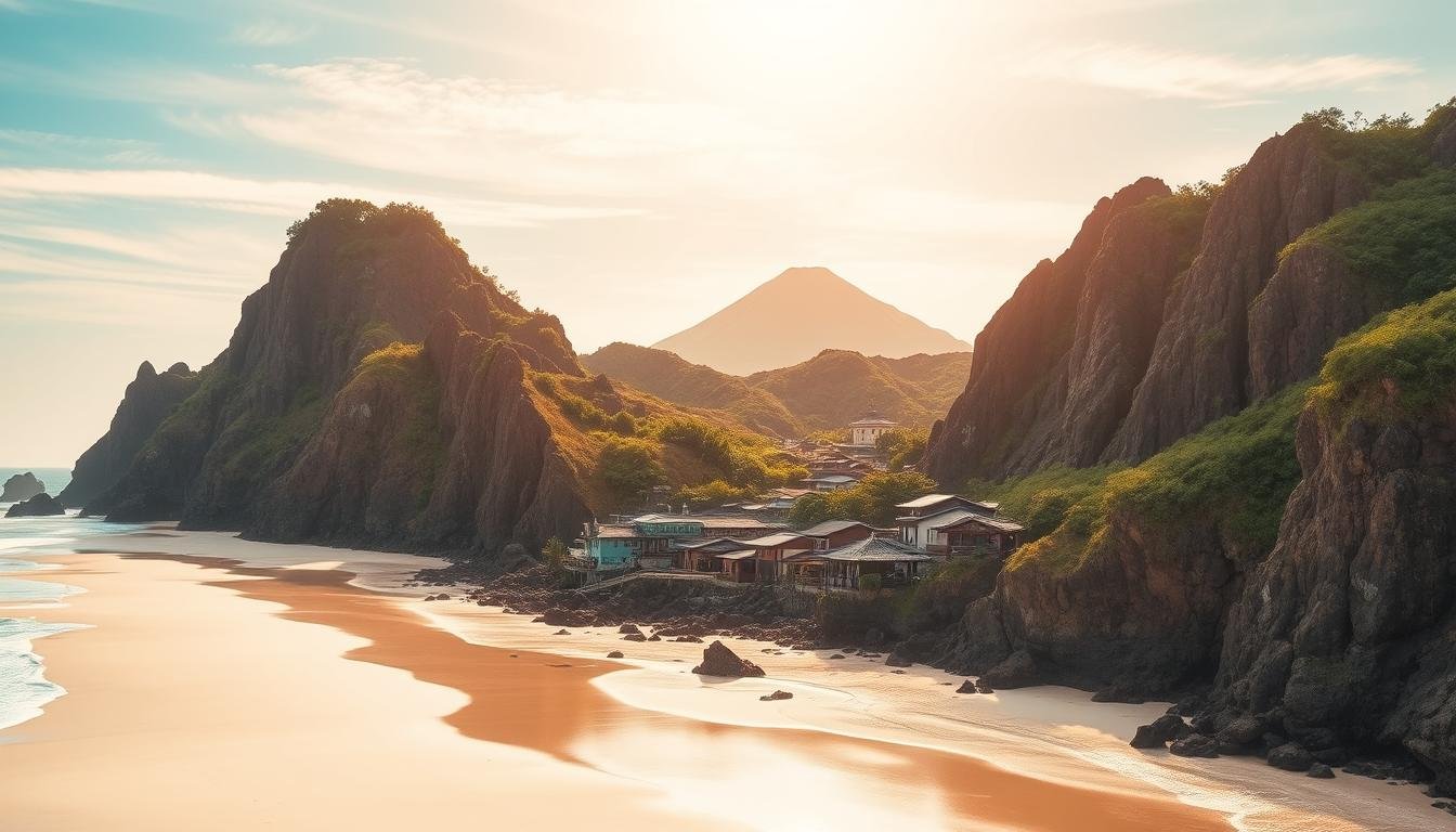 A majestic coastal landscape on the island of Jeju, South Korea. In the foreground, a white sandy beach stretches out, with gentle waves lapping at the shore. Towering volcanic cliffs rise up on either side, their rocky facades adorned with lush greenery. The middle ground features a quaint seaside village, with traditional Korean-style architecture nestled among the hills. In the background, the silhouette of Hallasan Mountain, the island's iconic peak, stands tall against a vibrant, golden-hued sky. Warm, diffused sunlight casts a serene, postcard-worthy glow over the entire scene. The overall atmosphere evokes a sense of tranquility and natural wonder, perfectly capturing the essence of Jeju Island's captivating landscape and the allure of its tourist destinations. A majestic coastal landscape on the island of Jeju, South Korea. In the foreground, a white sandy beach stretches out, with gentle waves lapping at the shore. Towering volcanic cliffs rise up on either side, their rocky facades adorned with lush greenery. The middle ground features a quaint seaside village, with traditional Korean-style architecture nestled among the hills. In the background, the silhouette of Hallasan Mountain, the island's iconic peak, stands tall against a vibrant, golden-hued sky. Warm, diffused sunlight casts a serene, postcard-worthy glow over the entire scene. The overall atmosphere evokes a sense of tranquility and natural wonder, perfectly capturing the essence of Jeju Island's captivating landscape and the allure of its tourist destinations.