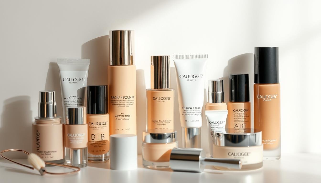 A meticulously crafted display of Korean-inspired makeup essentials, showcased in a serene, minimalist setting. Soft, diffused lighting accentuates the radiant, flawless complexion of the featured products, including a range of foundation, BB creams, and color-correcting primers. The arrangement is artfully composed, with each item thoughtfully positioned to create a visually harmonious and aspirational tableau. Subtle, natural-toned hues and clean, sleek packaging evoke a sense of elegance and sophistication, inviting the viewer to imagine themselves effortlessly achieving the coveted "Korean glow" aesthetic. A meticulously crafted display of Korean-inspired makeup essentials, showcased in a serene, minimalist setting. Soft, diffused lighting accentuates the radiant, flawless complexion of the featured products, including a range of foundation, BB creams, and color-correcting primers. The arrangement is artfully composed, with each item thoughtfully positioned to create a visually harmonious and aspirational tableau. Subtle, natural-toned hues and clean, sleek packaging evoke a sense of elegance and sophistication, inviting the viewer to imagine themselves effortlessly achieving the coveted "Korean glow" aesthetic.