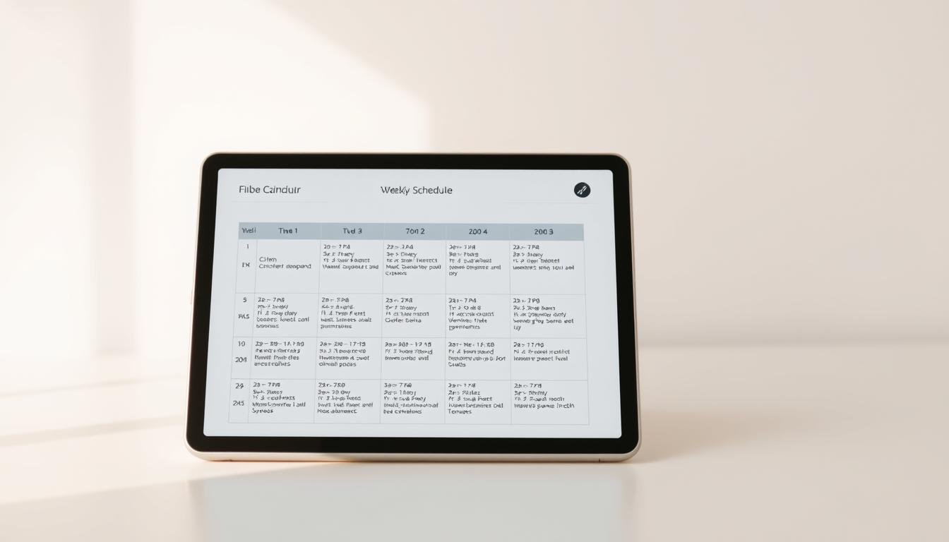 A meticulously crafted weekly schedule calendar with a clean, minimalist design. The calendar is displayed on a sleek, modern device with a high-resolution screen, showcasing the clear and legible text. Soft, natural lighting illuminates the scene, creating a warm and inviting atmosphere. The device is set against a simple, uncluttered background, allowing the calendar to take center stage. The layout is well-organized, with each day of the week presented in a clear and concise manner. The overall impression is one of efficiency, organization, and attention to detail, perfectly suited to illustrate the "高雄 濟州 島 直 飛航班與時刻總覽（週一、三、五、日運行）" section of the article.