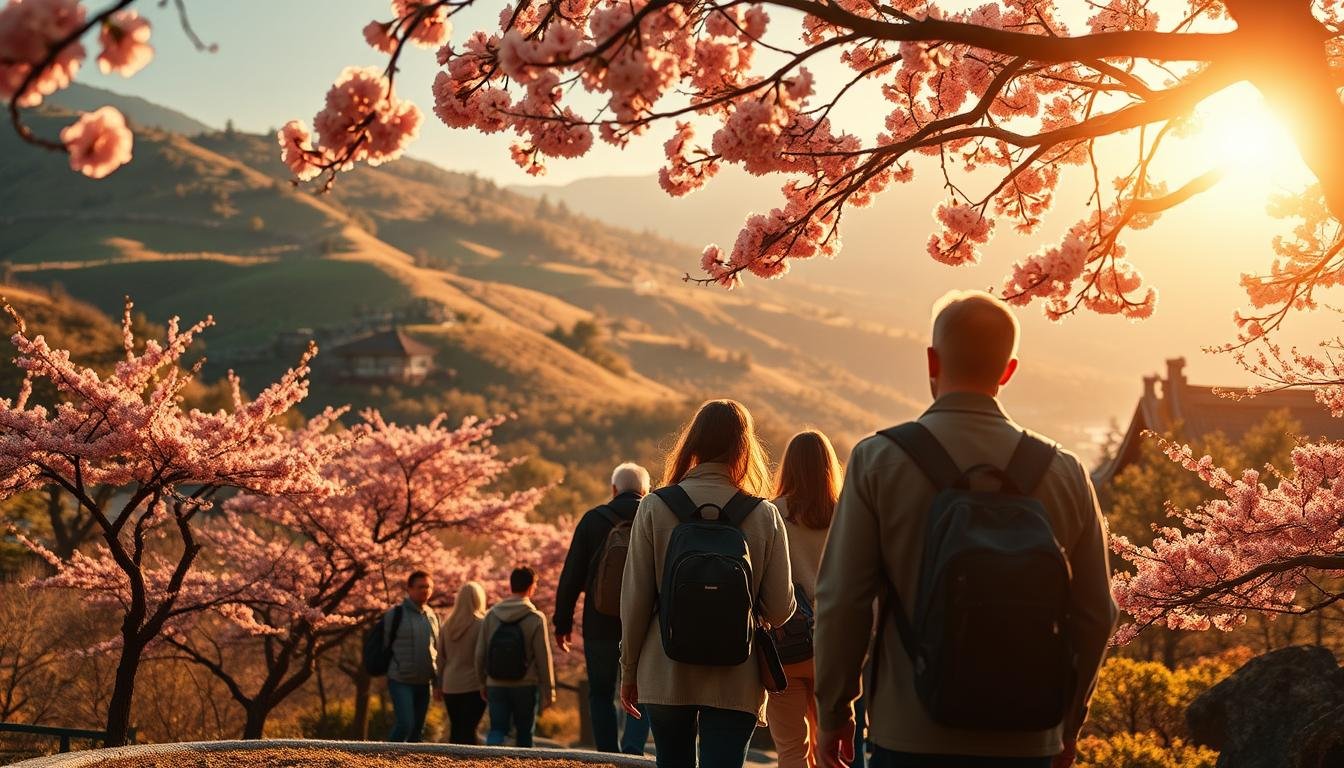 A meticulously curated Japanese travel itinerary, captured through the lens of a skilled photographer. The frame showcases a serene landscape, where rolling hills dotted with vibrant cherry blossoms form the backdrop. In the foreground, a group of travelers explore a traditional Japanese garden, immersed in the tranquil atmosphere. Warm sunlight filters through the lush foliage, casting a soft, golden glow over the scene. The composition emphasizes the customizable nature of the journey, inviting the viewer to imagine themselves crafting a personalized adventure amidst Japan's captivating cultural tapestry.