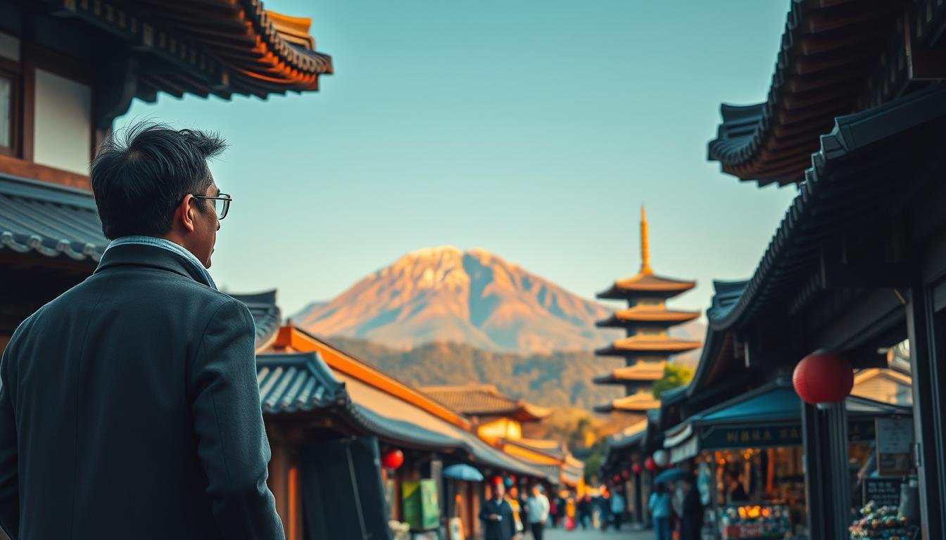 A meticulously curated Korean travel itinerary unfolds against a vibrant backdrop. In the foreground, a well-dressed tourist explores an elegant hanok village, admiring the intricate architecture and traditional crafts. The middle ground reveals a bustling street market, where the aroma of Korean street food wafts through the air. In the distance, a towering mountain silhouette is bathed in warm, golden sunlight, inviting the traveler to discover its hidden trails and serene temples. The composition is enhanced by a soft, cinematic lighting that captures the essence of an immersive, culturally enriching Korean journey.