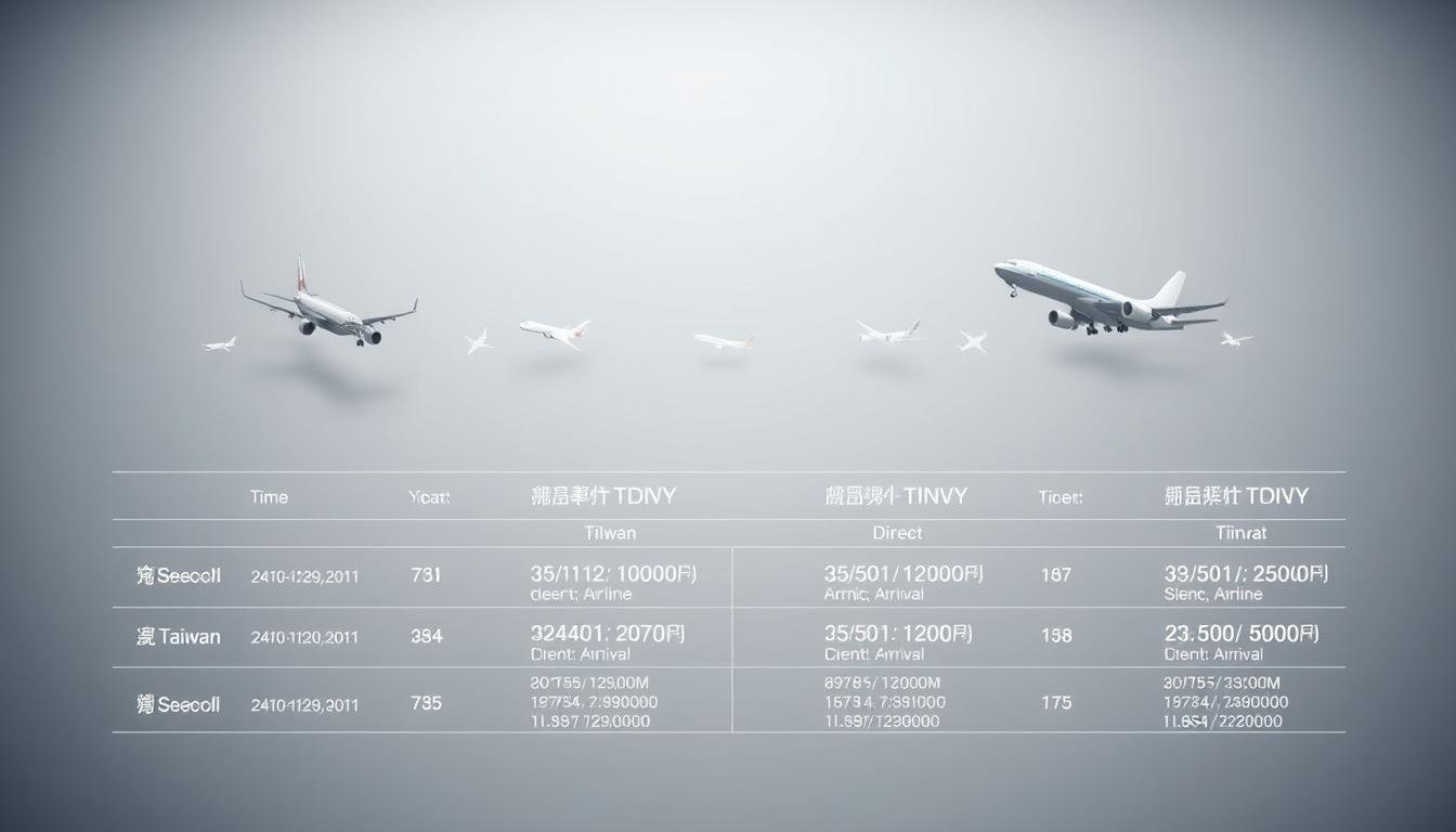 A meticulously designed infographic showcasing the direct flight options from Taiwan to Seoul. Against a sleek, minimalist background, airline logos and silhouettes of aircraft float in a balanced, visually striking arrangement. Precise details such as flight durations, departure/arrival times, and ticket pricing are displayed in a clear, easy-to-compare format. The overall atmosphere is one of informative clarity, allowing the viewer to quickly assess the relative merits of each airline and make an informed decision. Soft, neutral lighting accentuates the clean, modern aesthetic, while a slight depth-of-field effect draws the eye to the key data points. A meticulously designed infographic showcasing the direct flight options from Taiwan to Seoul. Against a sleek, minimalist background, airline logos and silhouettes of aircraft float in a balanced, visually striking arrangement. Precise details such as flight durations, departure/arrival times, and ticket pricing are displayed in a clear, easy-to-compare format. The overall atmosphere is one of informative clarity, allowing the viewer to quickly assess the relative merits of each airline and make an informed decision. Soft, neutral lighting accentuates the clean, modern aesthetic, while a slight depth-of-field effect draws the eye to the key data points.
