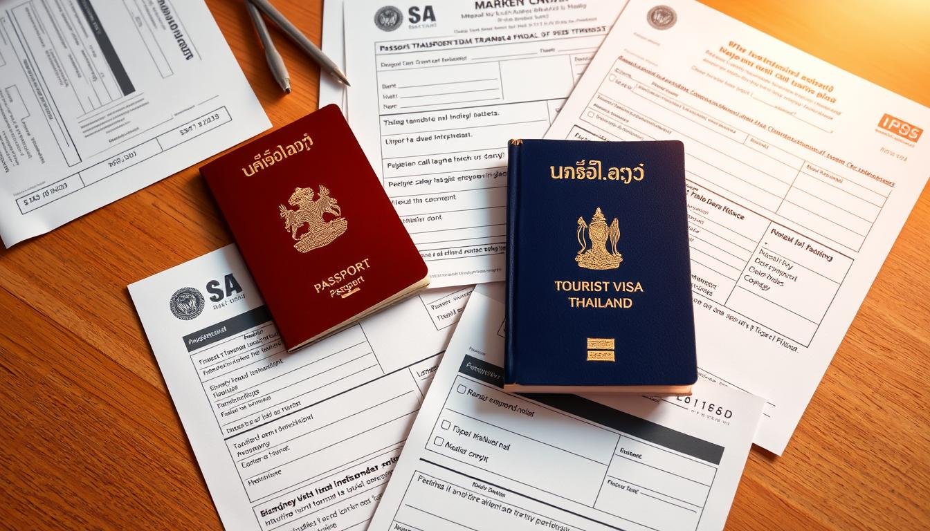 A meticulously detailed illustration of the necessary paperwork and financial preparations required for entering Thailand. A wooden table is adorned with a Thai passport, tourist visa application forms, bank statements, and proof of funds. Soft, warm lighting casts a serene ambiance, while the composition highlights the organization and attention to detail needed for a successful Thai visa application. The overall mood conveys a sense of anticipation and readiness for an immersive Thai travel experience. A meticulously detailed illustration of the necessary paperwork and financial preparations required for entering Thailand. A wooden table is adorned with a Thai passport, tourist visa application forms, bank statements, and proof of funds. Soft, warm lighting casts a serene ambiance, while the composition highlights the organization and attention to detail needed for a successful Thai visa application. The overall mood conveys a sense of anticipation and readiness for an immersive Thai travel experience.