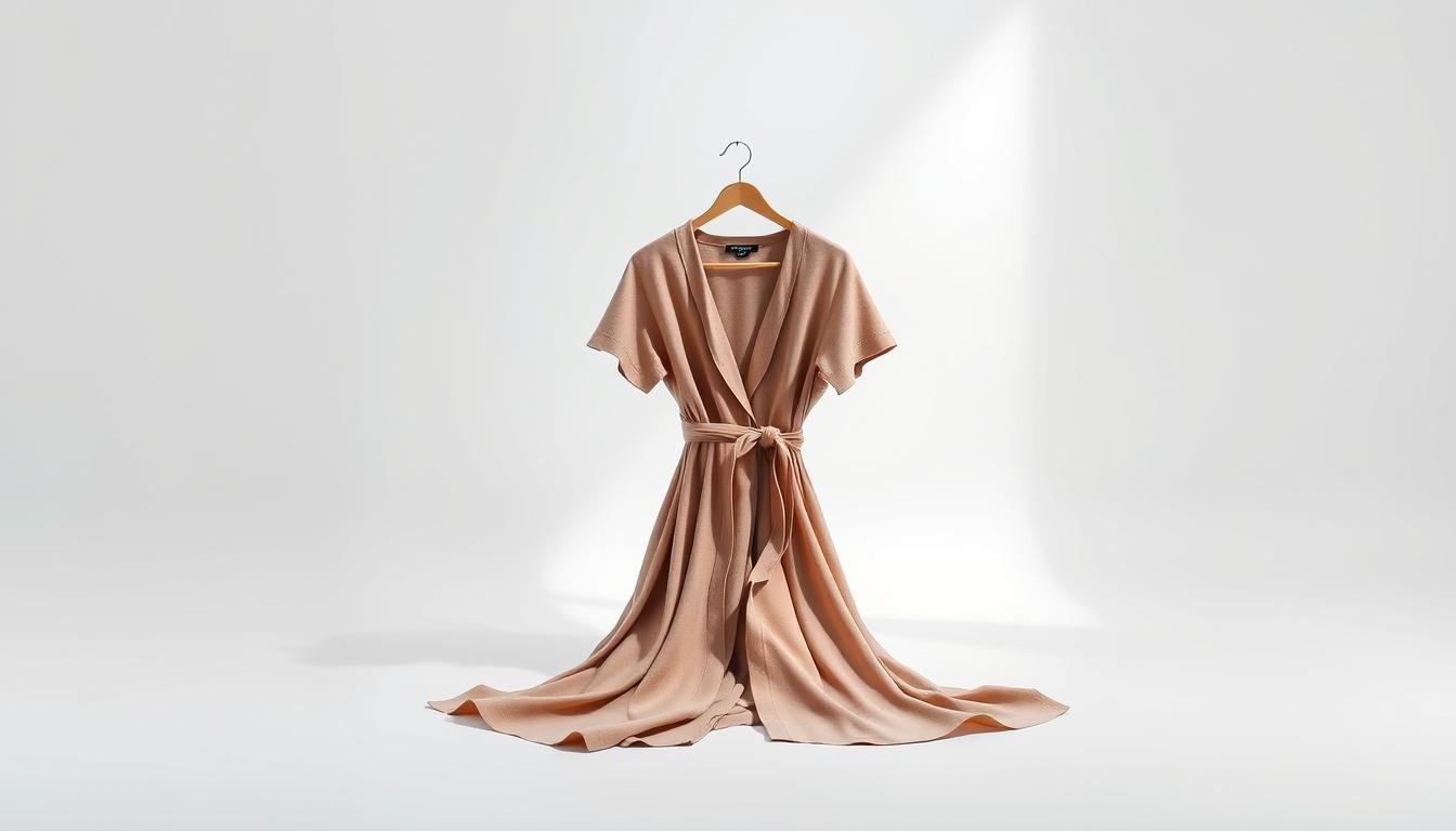 A meticulously detailed product display showcasing a fashionable Korean apparel item, captured in a crisp, well-lit studio setting. The item is centered against a minimalist white backdrop, allowing its design and quality to shine. Subtle ambient lighting creates dimensional shadows, accentuating the fabric's texture and draping. The camera angle is slightly elevated, providing a clean, unobstructed view of the garment. The overall mood is one of sophistication and product focus, reflecting the practical shopping tips outlined in the article section.