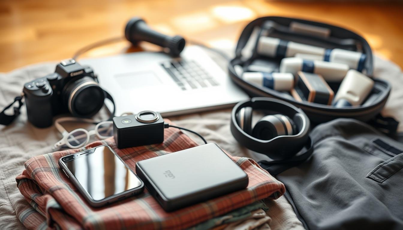 A meticulously organized collection of essential electronic devices for a Thai travel adventure. In the foreground, a sleek smartphone, a high-quality camera, and a compact power bank rest atop a neatly folded travel-friendly outfit. The middle ground showcases a lightweight, versatile laptop, accompanied by a set of noise-cancelling headphones and a universal travel adapter. In the background, a soft-lit scene reveals a well-stocked toiletry bag, complete with a high-performance hair dryer and other personal care essentials. Warm, natural lighting fills the frame, evoking a sense of relaxed preparation for the journey ahead. A meticulously organized collection of essential electronic devices for a Thai travel adventure. In the foreground, a sleek smartphone, a high-quality camera, and a compact power bank rest atop a neatly folded travel-friendly outfit. The middle ground showcases a lightweight, versatile laptop, accompanied by a set of noise-cancelling headphones and a universal travel adapter. In the background, a soft-lit scene reveals a well-stocked toiletry bag, complete with a high-performance hair dryer and other personal care essentials. Warm, natural lighting fills the frame, evoking a sense of relaxed preparation for the journey ahead.