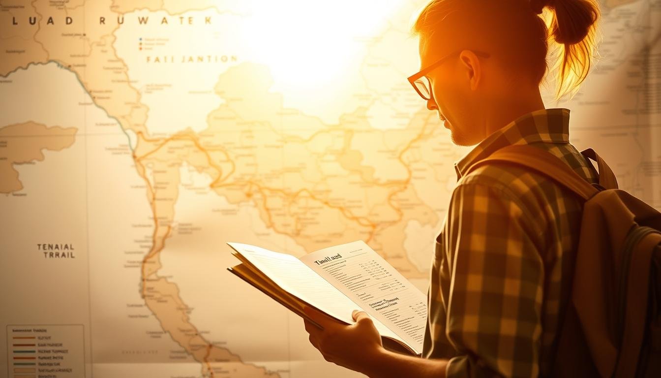 A meticulously planned Thai travel itinerary with a focus on effective transportation arrangements. A detailed map of Thailand fills the background, with routes and modes of transport clearly delineated. In the foreground, a traveler stands consulting a guidebook, contemplating the logistics of their upcoming journey. The scene is bathed in a warm, golden light, conveying a sense of anticipation and adventure. The composition emphasizes the importance of thorough preparation and the mastery of travel techniques for a safe and seamless Thai experience.