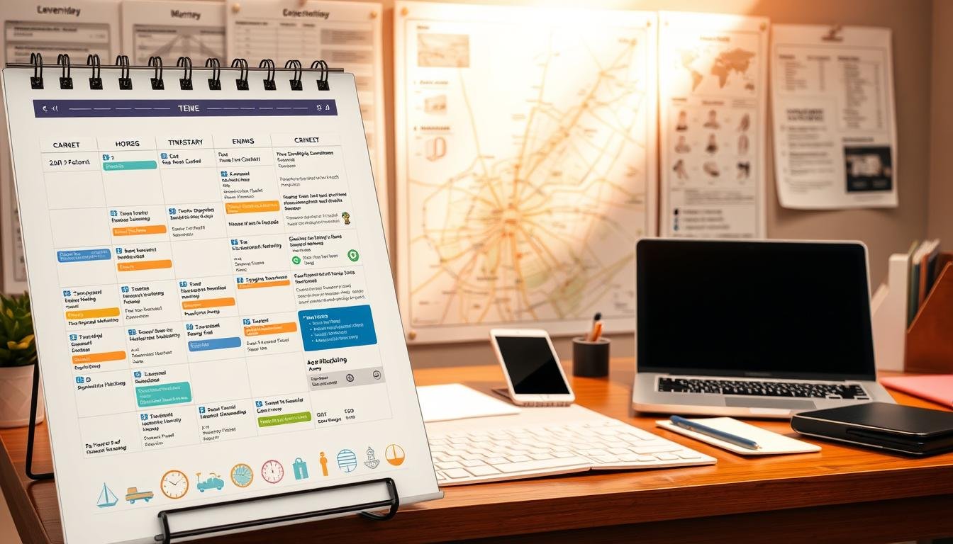A meticulously planned itinerary against a backdrop of neatly organized schedules and task lists. In the foreground, a digital calendar displaying color-coded events, appointments, and deadlines. Overlaid are icons representing transportation modes, shopping destinations, and sightseeing hotspots. The middle ground showcases a detailed map of a Korean city, with key landmarks and shopping districts highlighted. The background depicts a sleek, minimalist workspace, with a laptop, smartphone, and various productivity tools arranged in a visually appealing layout. Warm, natural lighting bathes the scene, conveying a sense of efficiency and organization. The overall atmosphere evokes a harmonious balance between exploration and time management, crucial for a successful group shopping expedition in Korea. A meticulously planned itinerary against a backdrop of neatly organized schedules and task lists. In the foreground, a digital calendar displaying color-coded events, appointments, and deadlines. Overlaid are icons representing transportation modes, shopping destinations, and sightseeing hotspots. The middle ground showcases a detailed map of a Korean city, with key landmarks and shopping districts highlighted. The background depicts a sleek, minimalist workspace, with a laptop, smartphone, and various productivity tools arranged in a visually appealing layout. Warm, natural lighting bathes the scene, conveying a sense of efficiency and organization. The overall atmosphere evokes a harmonious balance between exploration and time management, crucial for a successful group shopping expedition in Korea.