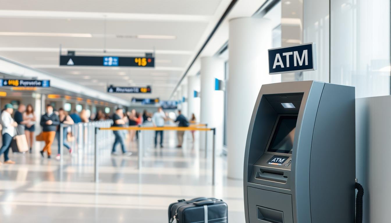 A modern airport interior with a prominently displayed ATM machine in the foreground. The ATM is situated in a well-lit area, casting a soft, even light across the scene. The background features a mix of people waiting in line, checking their phones, and navigating the terminal. The scene conveys a sense of efficiency and convenience, with the ATM serving as the focal point for currency exchange. The overall atmosphere is calm and welcoming, with a touch of hustle and bustle to capture the energy of an international airport. The image should provide a clear visual representation of the "airport ATM currency exchange" concept.