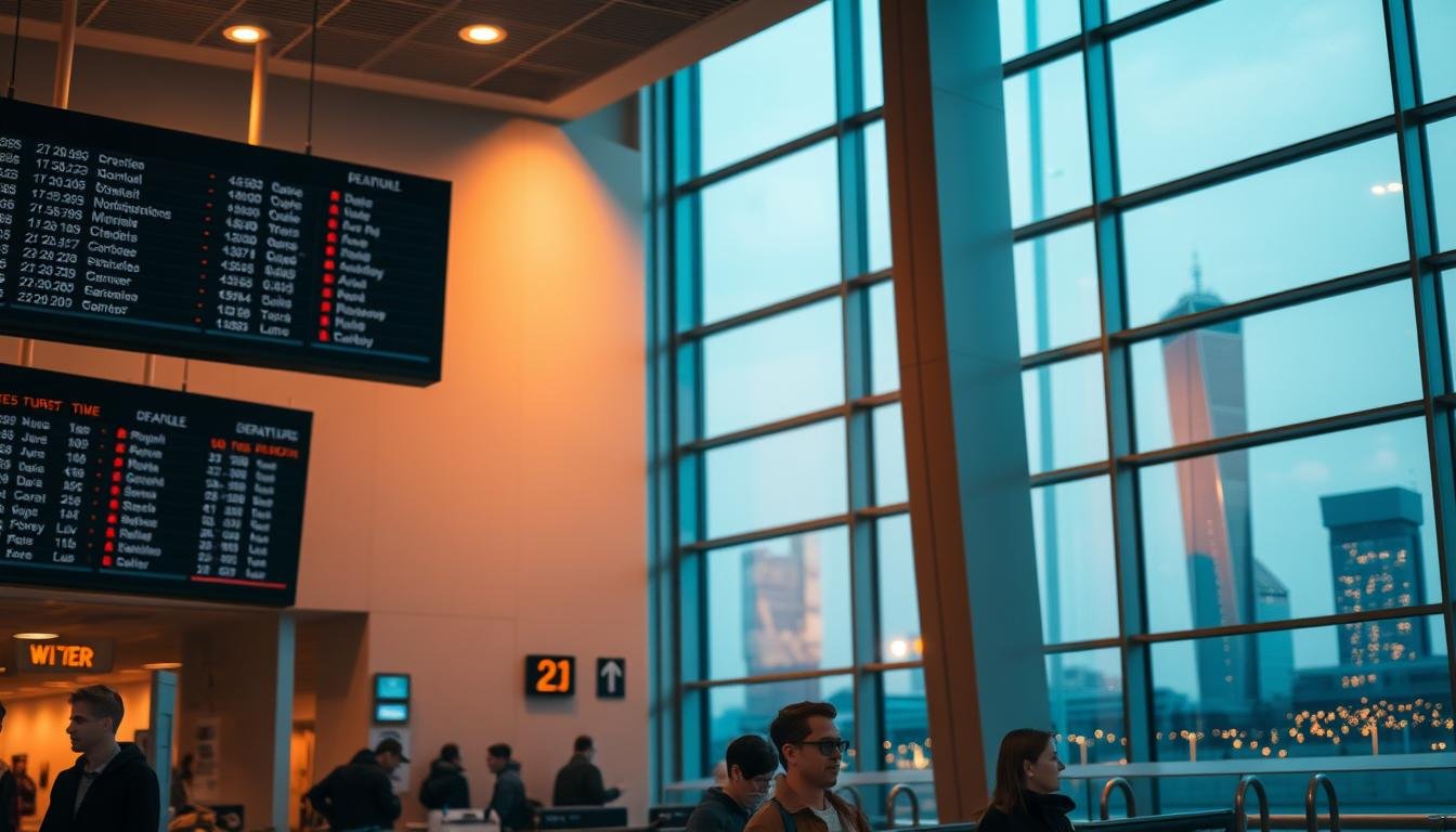 A modern airport terminal interior during the evening hours, with a focus on the departures board displaying flight schedules. The scene is bathed in a warm, amber-tinted lighting, creating a cozy and atmospheric ambiance. The board shows a variety of flight destinations and departure times, allowing the viewer to envision the bustling activity of air travel. In the foreground, there are a few passengers waiting patiently, their expressions reflecting the anticipation of their journeys. The middle ground features the clean, minimalist design of the terminal, with sleek architectural elements and subtle details. In the background, a large window offers a glimpse of the twinkling city skyline outside, adding depth and context to the scene.