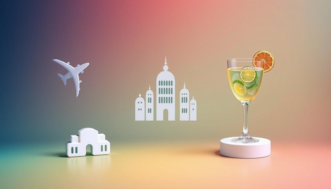 A modern and sleek travel package illustration showcasing a plane icon, hotel silhouette, and cocktail glass against a vibrant gradient background. The composition is balanced, with the icons arranged in a visually appealing layout. The color palette evokes a sense of sophistication and relaxation, inviting the viewer to explore the travel package offerings. The lighting is soft and directional, creating depth and highlighting the key elements. The overall mood is one of excitement and anticipation for an upcoming getaway.