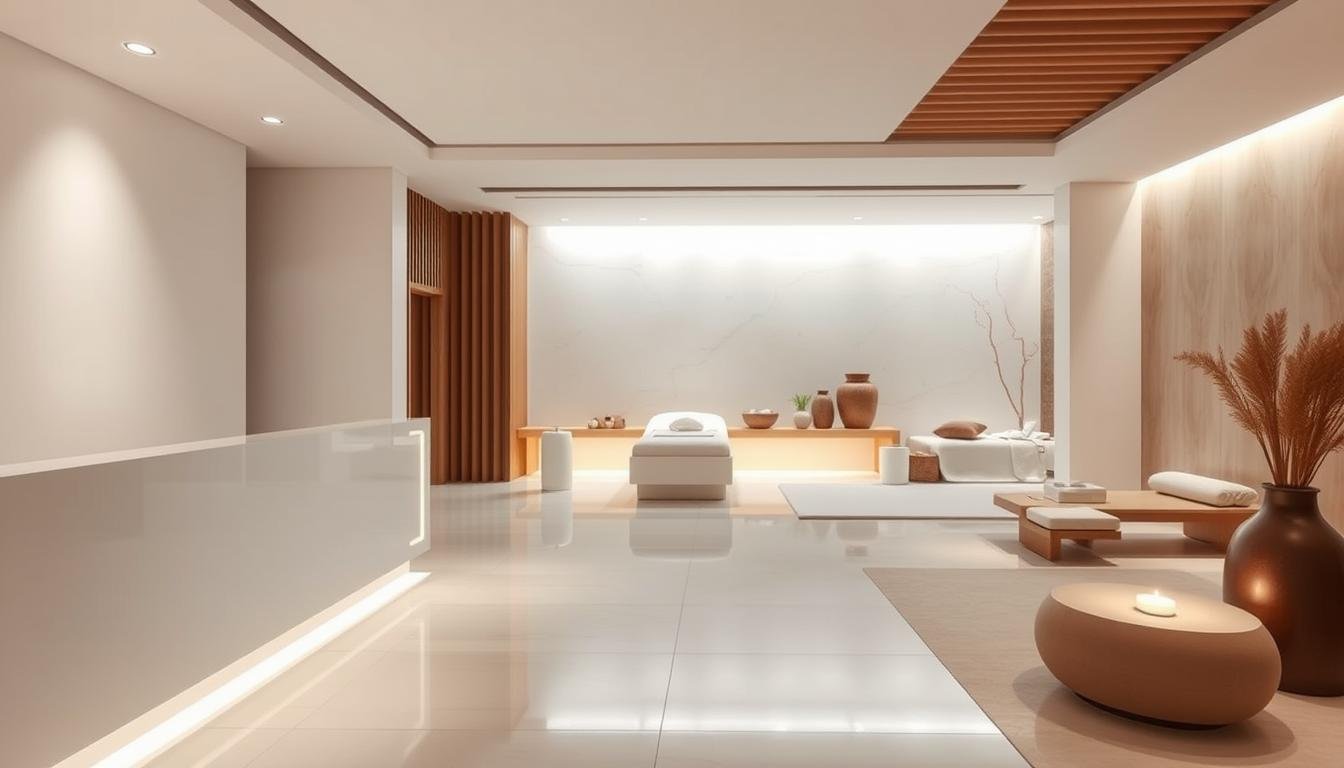 A modern and sophisticated spa design, featuring a serene and minimalist atmosphere. In the foreground, a sleek and elegant reception area with clean lines and a soothing color palette. In the middle, a spacious and well-lit treatment room, with plush spa beds and subtle lighting accents. In the background, a tranquil and serene relaxation area, with natural elements like wood and stone, creating a calming and rejuvenating ambiance. The lighting is soft and diffused, creating a warm and inviting atmosphere. The overall design seamlessly blends traditional Korean elements with a contemporary aesthetic, reflecting the essence of a luxurious and holistic spa experience.