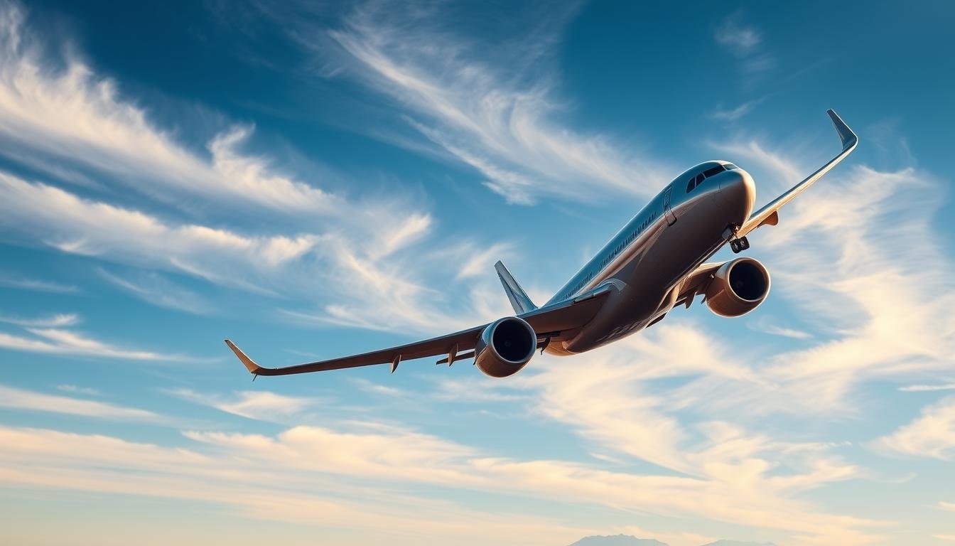 A modern commercial airliner in flight, soaring against a bright blue sky with wispy white clouds. The aircraft's sleek, aerodynamic silhouette is highlighted by the warm glow of the sun, casting dramatic shadows across its polished metal fuselage. The wings cut gracefully through the air, their tips gently curving upwards. The engines roar with power, propelling the plane forward at cruising altitude. In the distance, the faint outline of mountains or an island coastline can be seen on the horizon, hinting at the destination. The scene conveys a sense of efficiency, speed, and the excitement of air travel.