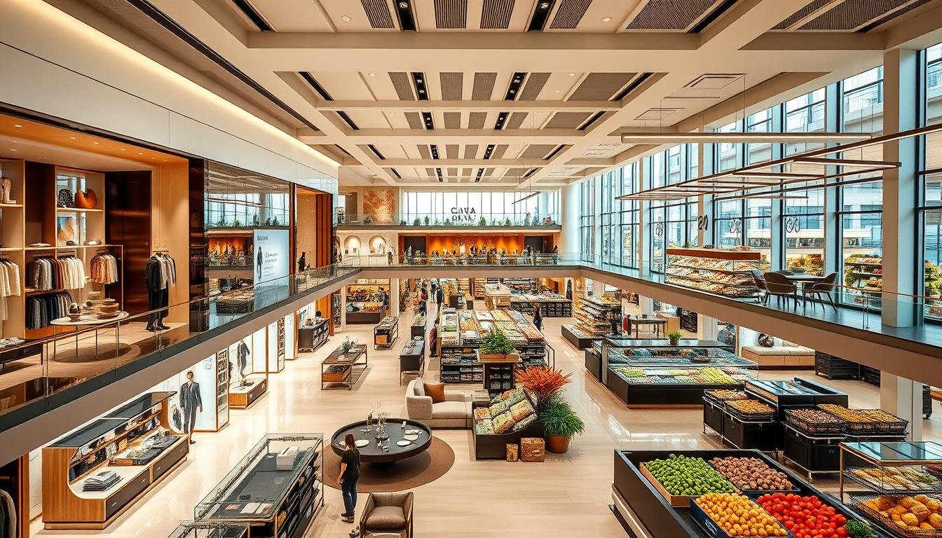 A modern, elegant department store interior showcasing a variety of specialized floors. In the foreground, a luxurious fashion boutique with high-end apparel, accessories, and sleek display fixtures bathed in warm, directional lighting. The middle ground depicts a spacious home goods section featuring stylish furniture, home decor, and lifestyle products arranged in tasteful vignettes. In the background, a bustling grocery market with vibrant produce, bakery items, and an open-concept dining area filled with natural light streaming through large windows. The overall atmosphere is one of sophistication, functionality, and an immersive shopping experience catering to diverse consumer interests. A modern, elegant department store interior showcasing a variety of specialized floors. In the foreground, a luxurious fashion boutique with high-end apparel, accessories, and sleek display fixtures bathed in warm, directional lighting. The middle ground depicts a spacious home goods section featuring stylish furniture, home decor, and lifestyle products arranged in tasteful vignettes. In the background, a bustling grocery market with vibrant produce, bakery items, and an open-concept dining area filled with natural light streaming through large windows. The overall atmosphere is one of sophistication, functionality, and an immersive shopping experience catering to diverse consumer interests.