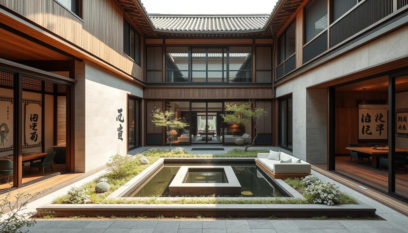 A modern hanok set in the heart of Itaewon, Seoul, seamlessly blending traditional Korean architecture with contemporary design. The facade features a harmonious mix of natural materials like wood, stone, and glass, creating a visually striking contrast. Soft, natural lighting filters in through large windows, illuminating the spacious interior where traditional elements, such as decorative screens and calligraphic artwork, coexist with sleek, minimalist furnishings. The central courtyard serves as a tranquil oasis, complete with a serene water feature and lush greenery, offering a peaceful respite from the bustling city. An atmosphere of refined elegance and cultural fusion pervades the scene, capturing the essence of the "Itaewon Land" concept. A modern hanok set in the heart of Itaewon, Seoul, seamlessly blending traditional Korean architecture with contemporary design. The facade features a harmonious mix of natural materials like wood, stone, and glass, creating a visually striking contrast. Soft, natural lighting filters in through large windows, illuminating the spacious interior where traditional elements, such as decorative screens and calligraphic artwork, coexist with sleek, minimalist furnishings. The central courtyard serves as a tranquil oasis, complete with a serene water feature and lush greenery, offering a peaceful respite from the bustling city. An atmosphere of refined elegance and cultural fusion pervades the scene, capturing the essence of the "Itaewon Land" concept.