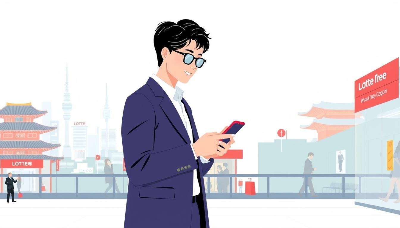 A modern, minimalist illustration depicting the usage of an "Upgrade Discount Coupon" in the context of shopping at the Lotte Duty Free store in Seoul. The scene features a crisp, clean layout with a light, airy color palette. In the foreground, a well-dressed shopper is shown utilizing a digital coupon on their smartphone, with a seamless transition to the middle ground where the Lotte Duty Free store facade is visible. The background showcases the vibrant cityscape of Seoul, including iconic landmarks like N Seoul Tower. The overall mood is one of efficiency, convenience, and the joyful experience of discounted, duty-free shopping in a bustling metropolitan setting.