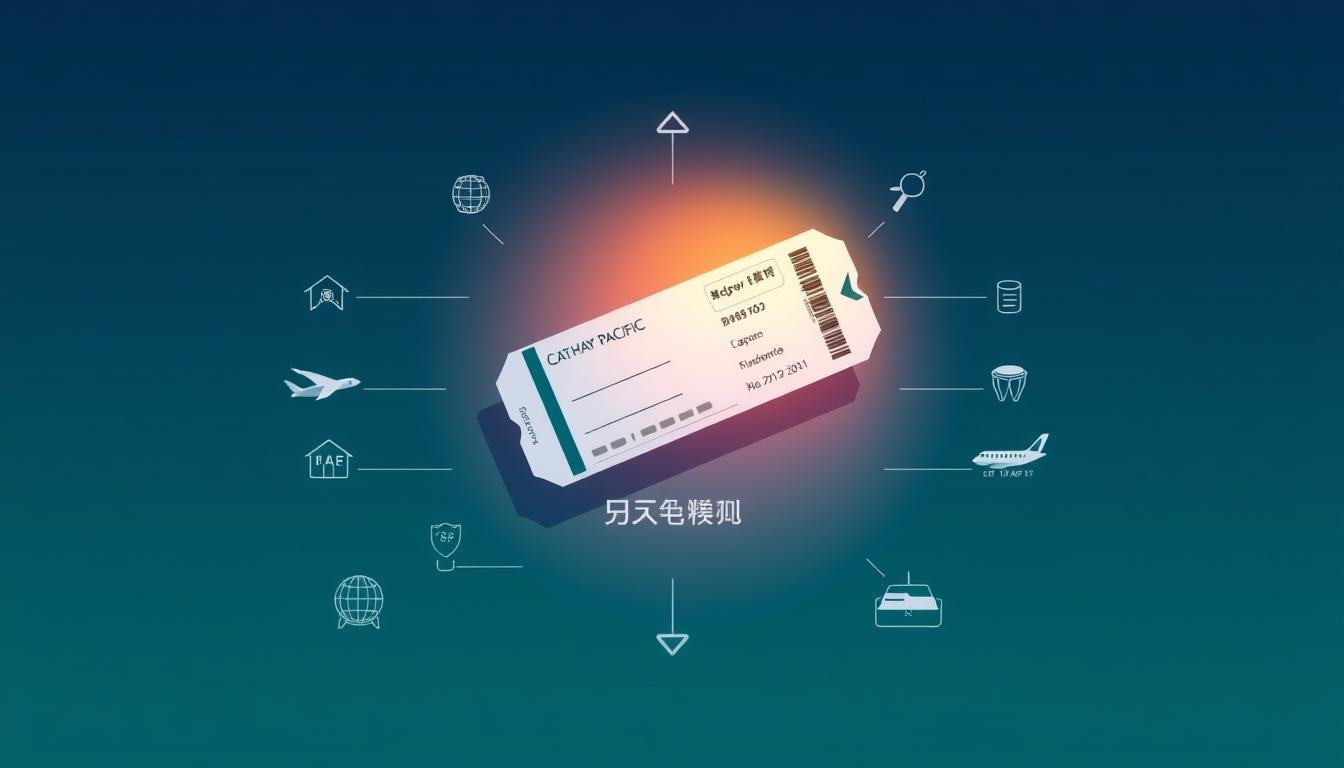 A modern, minimalist illustration depicting the "訂位攻略" for Cathay Pacific's flights to Busan. The composition showcases a clean, geometric layout with a central focus on an airline ticket, symbolizing the booking process. Surrounding the ticket are subtle icons and infographic elements highlighting key details such as flight schedules, pricing, and airport information. The color palette is a harmonious blend of Cathay Pacific's brand colors, creating a sleek, professional aesthetic. Soft lighting casts a warm, inviting glow, conveying a sense of efficiency and user-friendliness for the booking experience. The overall mood is one of practical guidance and streamlined travel planning.