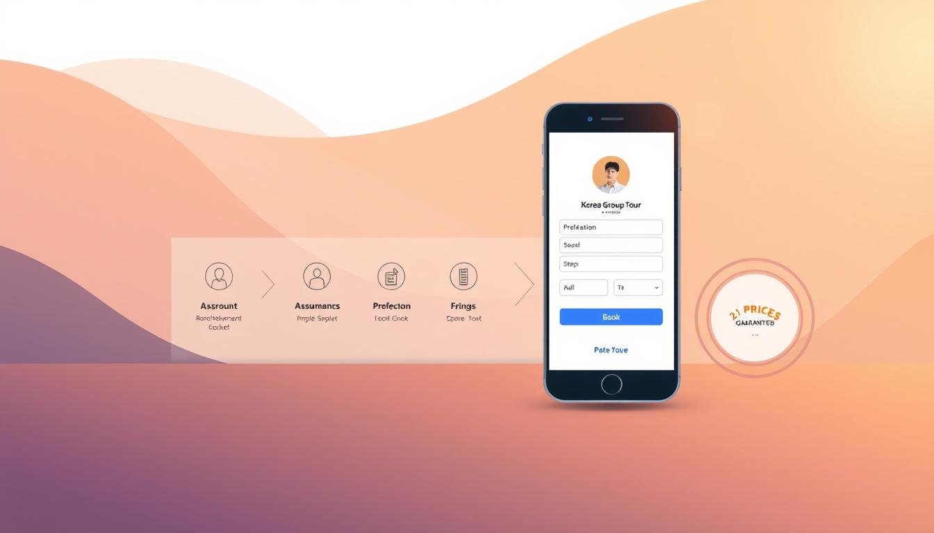 A modern, minimalist illustration showcasing the booking process and price guarantee for a Korean group tour. The foreground depicts a mobile device displaying a booking interface, with clear icons and layout guiding the user through the steps. The middle ground features abstract geometric shapes and lines, hinting at the technology and security behind the booking experience. The background subtly blends warm, calming tones, evoking a sense of trust and assurance. Soft lighting casts a gentle glow, and the overall composition maintains a clean, professional aesthetic to convey the reliability and attention to detail of the tour package.