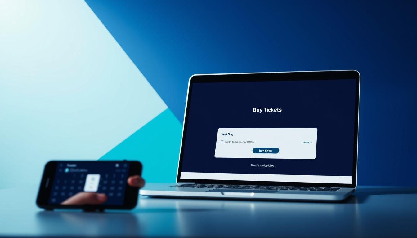 A modern, minimalist online ticketing platform with a clean user interface. The foreground features a laptop or tablet screen displaying a website with a large "Buy Tickets" button and calendar interface for selecting travel dates. The middle ground shows a smartphone, hand gesturing towards the screen, highlighting the seamless mobile experience. In the background, an abstract geometric pattern in shades of blue and green evokes a sense of technology, connectivity, and efficiency. The lighting is soft and diffused, creating a calming, professional atmosphere. The overall composition conveys the convenience and user-friendliness of an online booking system for travel and leisure.