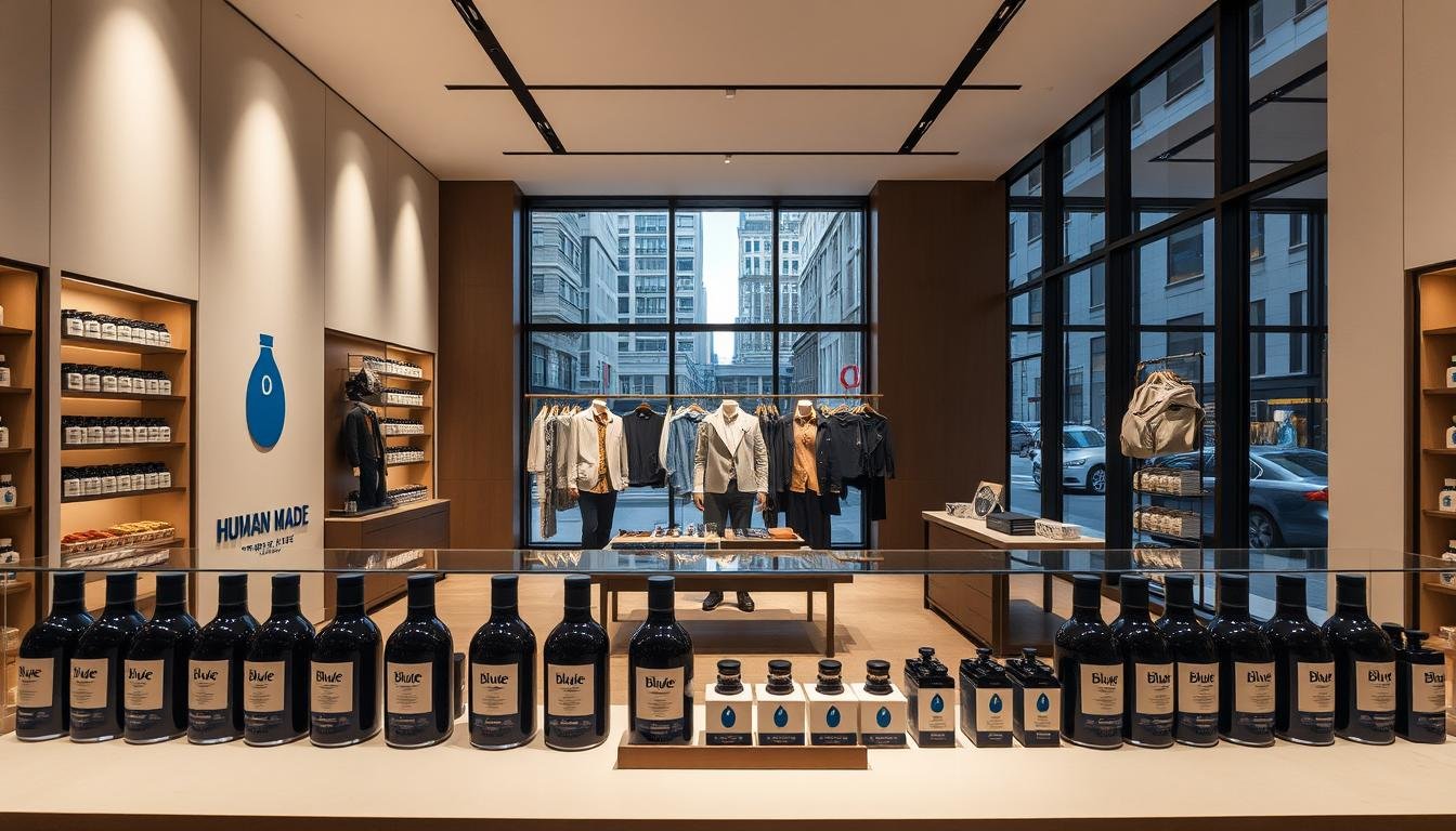 A modern, minimalist retail space with a sleek, high-end aesthetic. The interior is bathed in soft, warm lighting that accentuates the clean lines and neutral color palette. In the foreground, a display of meticulously arranged Blue Bottle coffee products, their simple yet elegant design reflected in the polished surfaces. At the center, a collaboration between the Blue Bottle and HUMAN MADE brands, showcasing a unique fusion of fashion and specialty coffee. The middle ground features stylish clothing and accessories from the HUMAN MADE collection, seamlessly integrated into the overall shopping experience. In the background, large windows offer a glimpse of the bustling city outside, creating a sense of urban sophistication. The overall atmosphere is one of refined taste, experiential retail, and the intersection of fashion, design, and specialty coffee. A modern, minimalist retail space with a sleek, high-end aesthetic. The interior is bathed in soft, warm lighting that accentuates the clean lines and neutral color palette. In the foreground, a display of meticulously arranged Blue Bottle coffee products, their simple yet elegant design reflected in the polished surfaces. At the center, a collaboration between the Blue Bottle and HUMAN MADE brands, showcasing a unique fusion of fashion and specialty coffee. The middle ground features stylish clothing and accessories from the HUMAN MADE collection, seamlessly integrated into the overall shopping experience. In the background, large windows offer a glimpse of the bustling city outside, creating a sense of urban sophistication. The overall atmosphere is one of refined taste, experiential retail, and the intersection of fashion, design, and specialty coffee.
