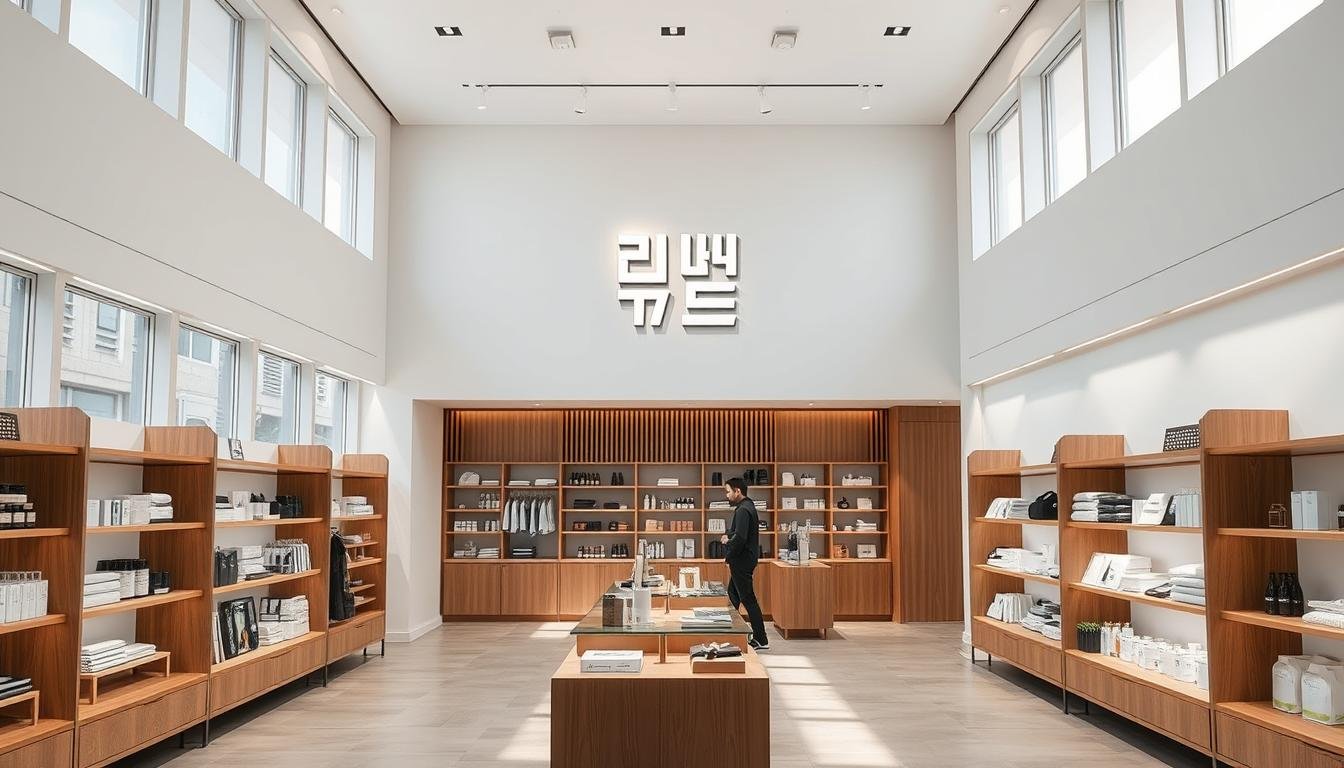 A modern, minimalist store interior featuring the iconic "韓" logo prominently displayed on the wall. The space is filled with natural light, creating a bright and airy ambiance. Sleek and contemporary shelving units line the walls, showcasing a range of high-quality merchandise. The layout is clean and uncluttered, with ample walkways for customers to browse comfortably. Warm wooden accents and subtle grey tones contribute to the sophisticated, upscale atmosphere. The overall impression is one of a premium, destination shopping experience for the discerning Korean consumer.