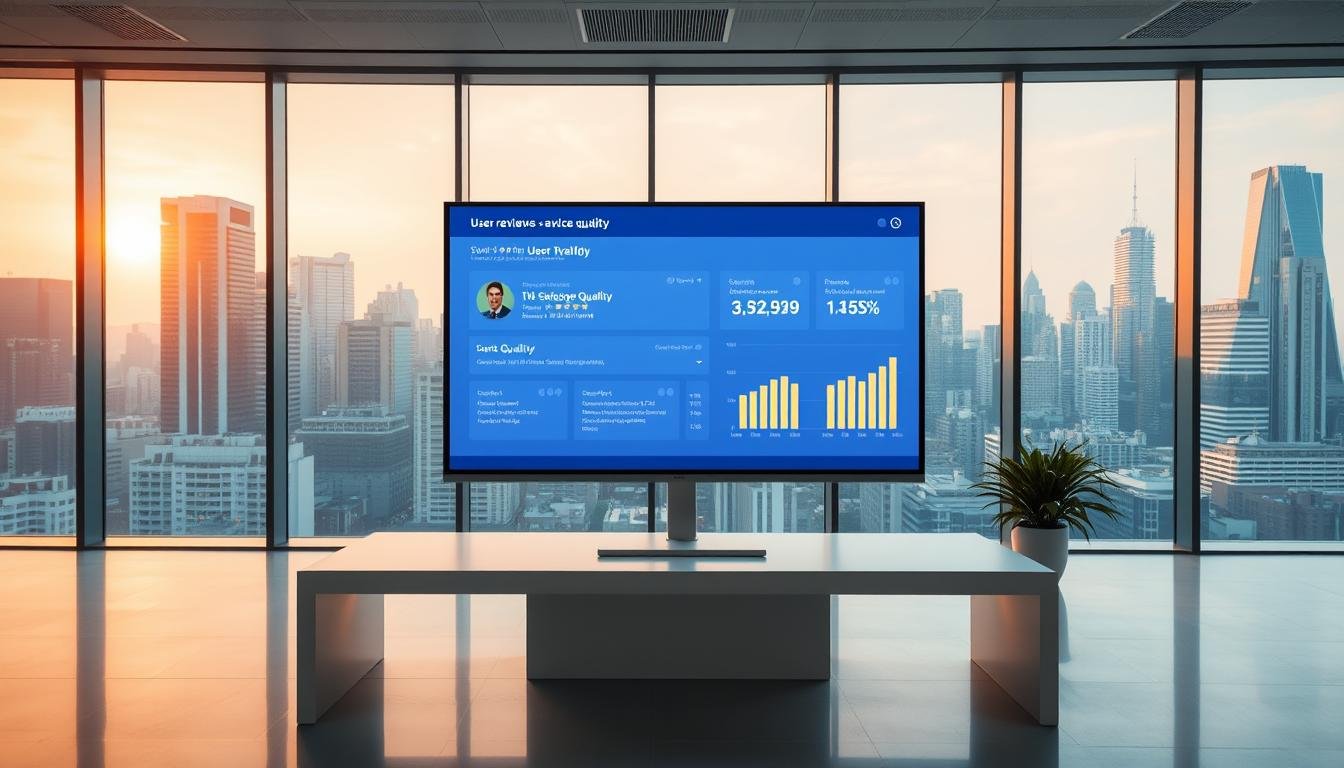 A modern office setting with a large screen displaying user reviews and service quality metrics. The screen is placed prominently in the foreground, with a sleek and minimalist desk setup in the middle ground. The background features floor-to-ceiling windows overlooking a vibrant cityscape, bathed in warm, natural lighting. The overall atmosphere conveys a sense of professionalism, transparency, and a focus on customer satisfaction. The image should have a crisp, high-resolution quality, with a balanced composition that draws the viewer's attention to the central screen display.