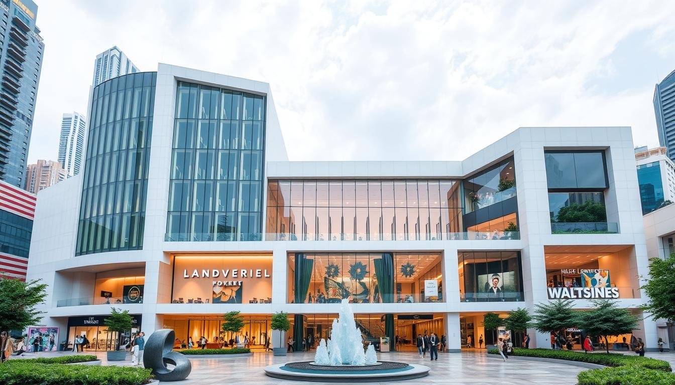 A modern, sleek, and well-lit shopping complex with a minimalist architectural design, featuring a prominent glass facade and clean, geometric lines. The building is situated in a bustling urban environment, with a blend of high-rise buildings and lush greenery in the background. The foreground showcases a vibrant, welcoming entrance plaza adorned with contemporary sculptures and water features, inviting visitors to explore the diverse array of retail stores, dining options, and entertainment venues within. The overall atmosphere conveys a sense of sophistication, innovation, and a harmonious integration of the commercial and natural elements, creating an engaging and immersive shopping experience.