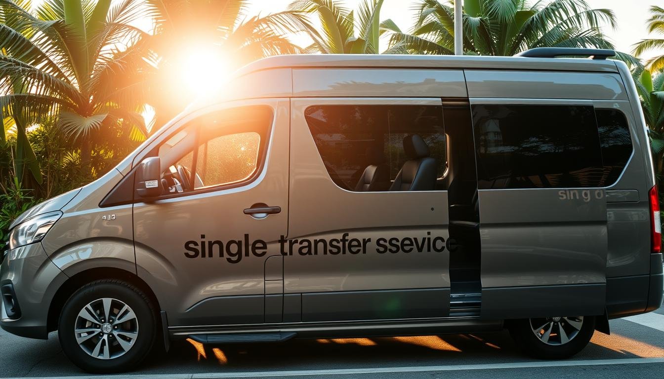 A modern taxi van with sleek lines and a glossy metallic finish, parked curbside against a backdrop of lush tropical foliage. The van's side displays the "single transfer service" logo in bold typography. The interior is spacious and well-lit, with plush leather seating and discreet amenities, ready to transport passengers with comfort and convenience. Soft afternoon sunlight filters through the windows, casting warm, gentle shadows across the scene. The overall mood is one of efficiency, reliability, and a touch of luxury - a premium transfer service tailored for the discerning traveler in Thailand.