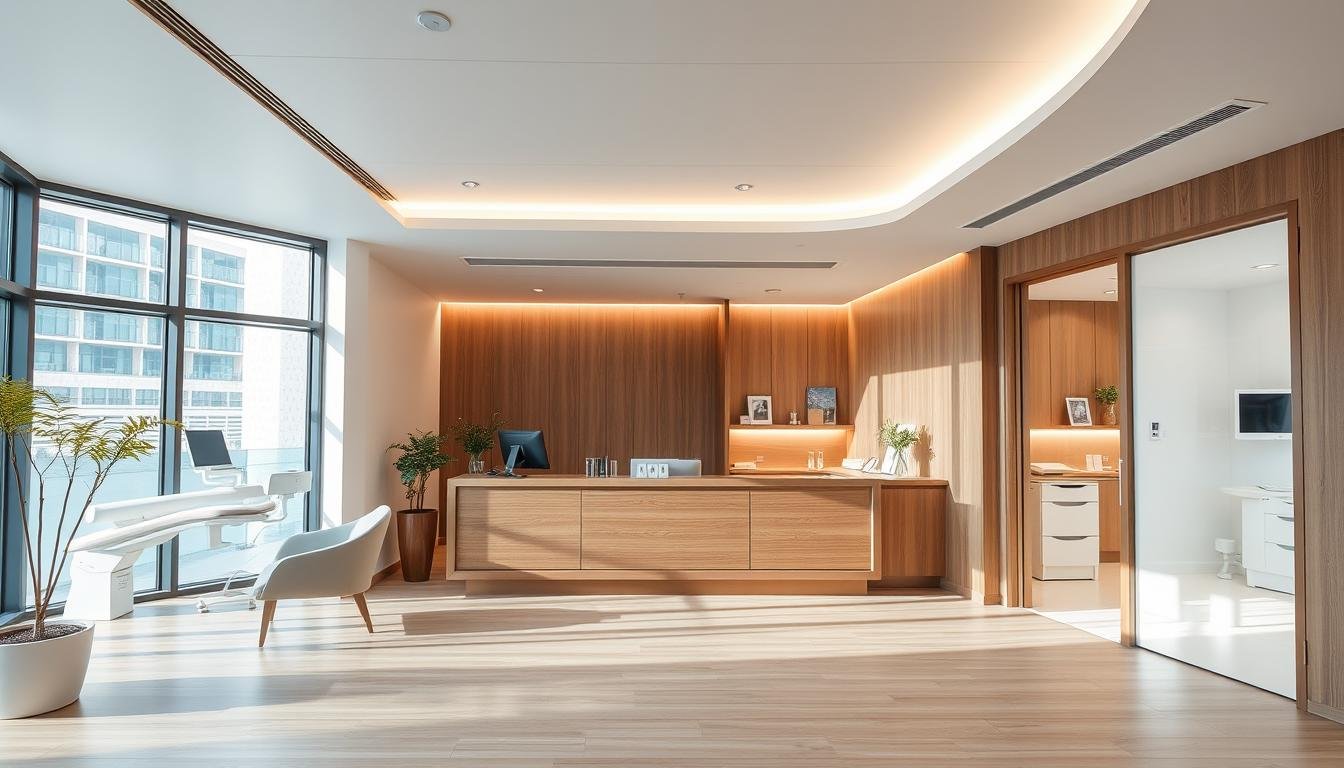 A modern, well-equipped medical clinic in Busan, South Korea. The interior features sleek, minimalist design with clean lines and natural materials like wood and stone. Bright, natural lighting filters in through large windows, creating a serene and calming atmosphere. The reception area has a warm, welcoming vibe with comfortable seating. Medical equipment and exam rooms are visible through open doorways, conveying a sense of professionalism and high-quality care. The overall impression is of a state-of-the-art facility dedicated to providing exceptional aesthetic and wellness services.