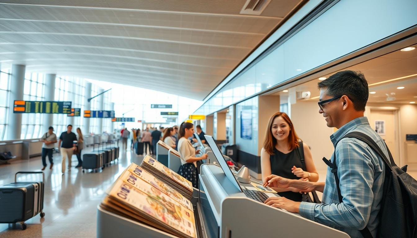 A modern, well-lit airport interior with travelers exchanging currencies at an exchange booth. The booth features a prominent display of Thai baht banknotes and a friendly bank teller assisting a tourist. In the background, the airport terminal is bustling with activity, with people walking past, luggage carts, and flight information screens visible. The scene conveys a sense of efficiency and financial security, with the exchange process appearing seamless and straightforward. The overall mood is one of confidence and ease, reflecting the optimal cash exchange strategy for Thai travel. A modern, well-lit airport interior with travelers exchanging currencies at an exchange booth. The booth features a prominent display of Thai baht banknotes and a friendly bank teller assisting a tourist. In the background, the airport terminal is bustling with activity, with people walking past, luggage carts, and flight information screens visible. The scene conveys a sense of efficiency and financial security, with the exchange process appearing seamless and straightforward. The overall mood is one of confidence and ease, reflecting the optimal cash exchange strategy for Thai travel.