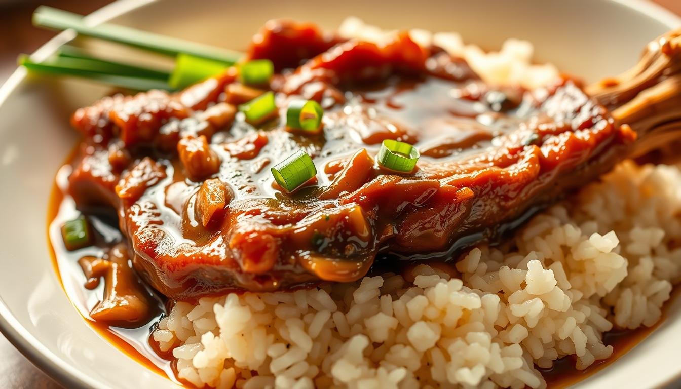 A mouthwatering close-up of a traditional Taiwanese braised pork leg rice dish, known as "Zhu Jiao Fan". The tender, fall-off-the-bone pork is glistening in a rich, savory soy-based sauce, resting atop a bed of fragrant white rice. The plate is garnished with vibrant green scallions, adding a fresh contrast to the deep, caramelized hues of the pork. Warm, golden lighting casts a comforting glow, accentuating the dish's homemade appeal. The composition is clean and focused, highlighting the dish's irresistible textures and flavors, inviting the viewer to imagine the satisfying experience of biting into this classic Taiwanese comfort food.