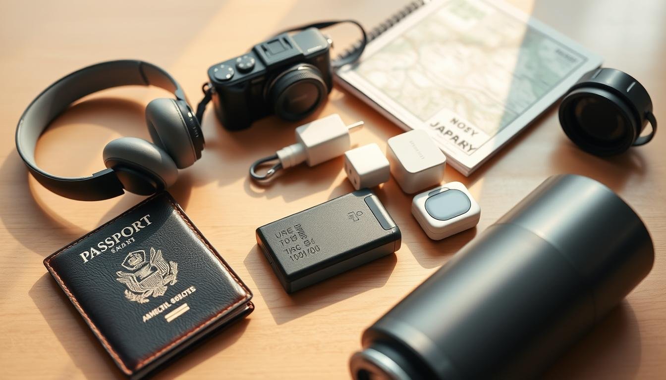 A neatly arranged flatlay of essential Japanese travel items, bathed in warm, diffused natural light. In the foreground, a stylish leather wallet, passport, and a pair of noise-cancelling headphones. In the middle, a compact camera, portable charger, and a sturdy travel adapter. In the background, a folded map, a travel-sized toiletry kit, and a collapsible water bottle. The overall mood is one of organization and preparedness, conveying a sense of excitement and adventure for the upcoming Japanese journey.
