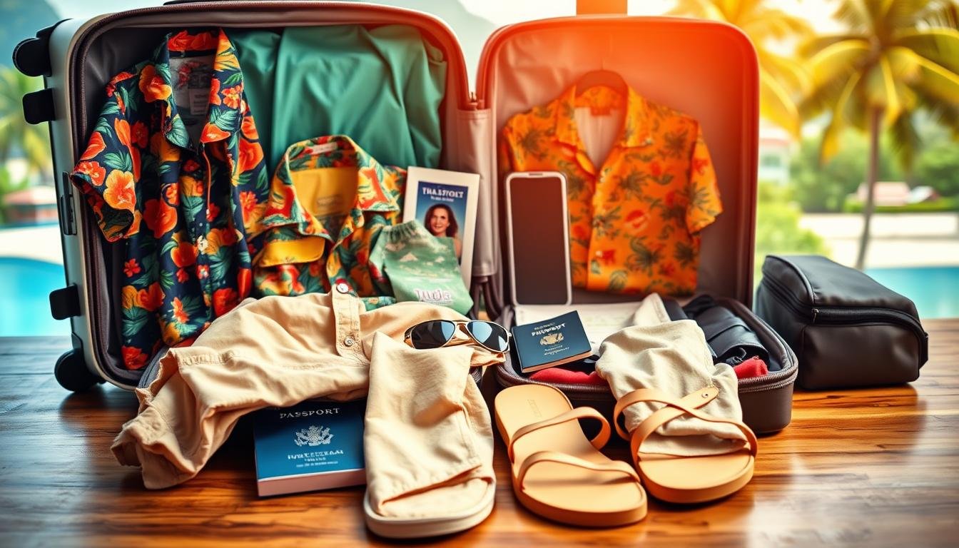 A neatly organized suitcase sits open on a wooden table, showcasing an array of travel essentials. Colorful tropical shirts, lightweight khaki pants, and comfortable sandals occupy the foreground, suggesting the warm climate of Thailand. In the middle ground, a passport, sunglasses, and a local currency exchange guide create a sense of preparedness. The background features a vibrant Thai landscape, with lush palm trees and a hint of the iconic architecture, evoking the excitement of the upcoming journey. The scene is bathed in soft, natural lighting, conveying a sense of relaxation and anticipation. This image captures the essence of the "行前準備、旅遊必備與省錢小撇步" section, providing a visually compelling representation of the essential items and atmosphere for a stress-free and budget-friendly trip to Thailand.